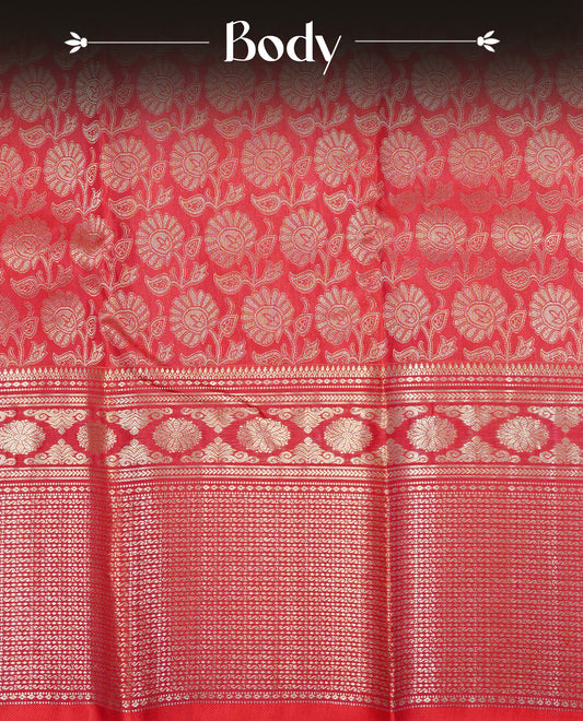Red Colour Pure Kancheepuram Silk Saree Featuring Gold Zari Floral  Pattern on the Body, Highlighting a Traditional Gold Zari Border, Paired with a Matching Blouse Piece.