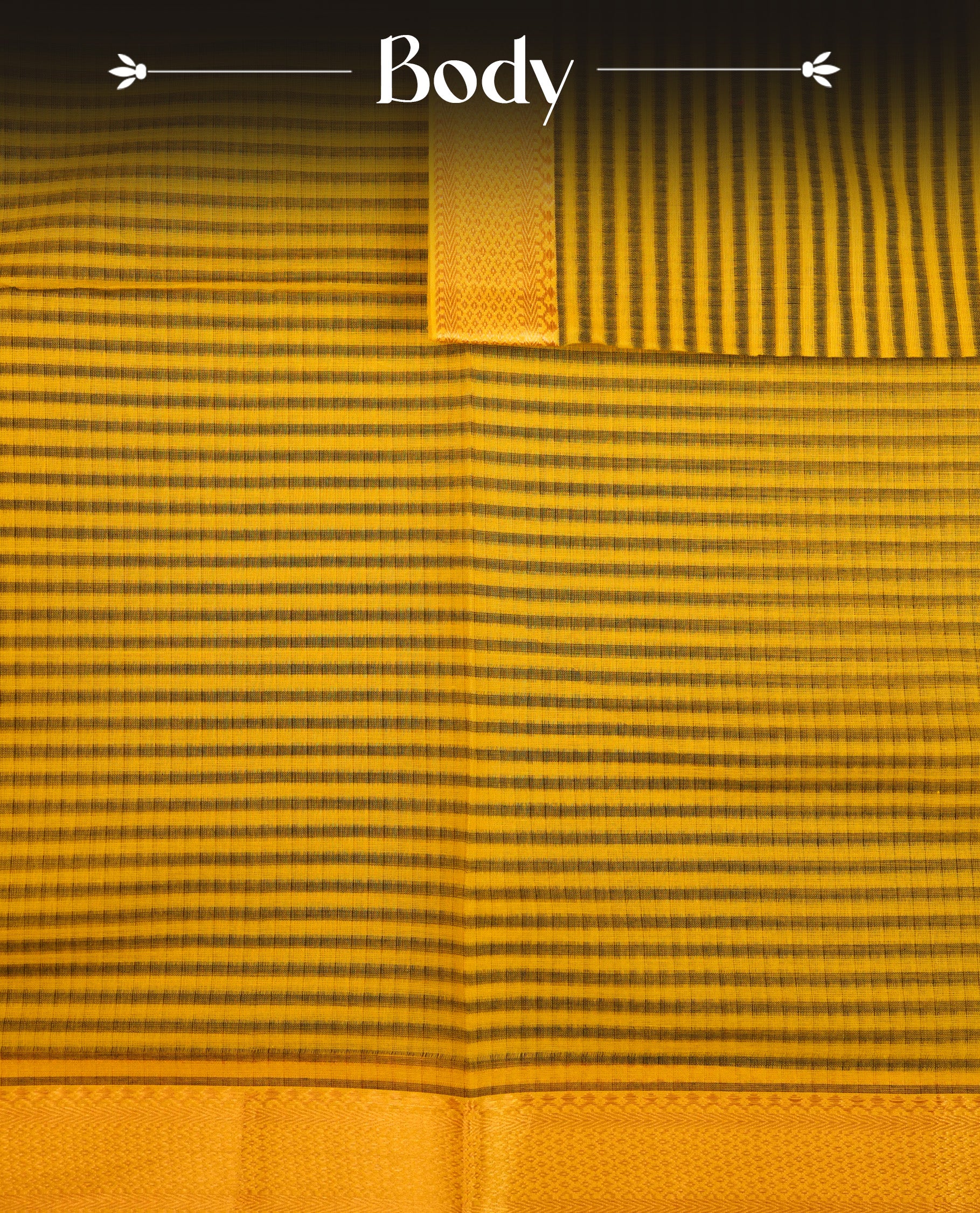 Yellow  Colour Mangalagiri cotton saree featuring elegant Grey stripes Across The Body , a Two Inch Gold  zari border & Gold Zari Pallu, Paired With a matching blouse piece.