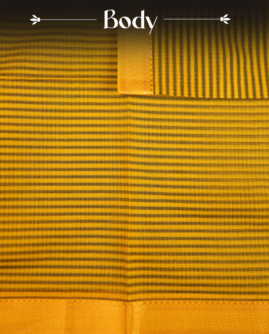 Yellow  Colour Mangalagiri cotton saree featuring elegant Grey stripes Across The Body , a Two Inch Gold  zari border & Gold Zari Pallu, Paired With a matching blouse piece.
