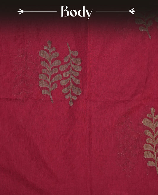Red colour semi silk saree featuring Gold zari Leaf pattern on body, complemented by contrast colour with Gold zari border, comes with matching blouse piece.