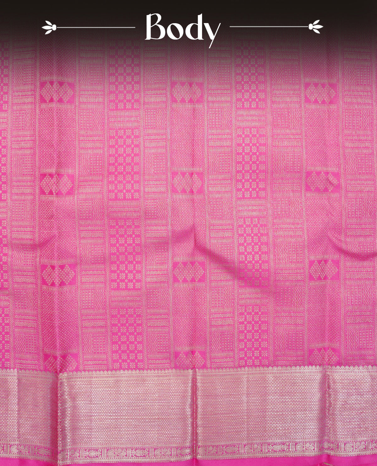 Pink colour Pure Wedding Silk Saree Featuring Gold zari Designed strips on body, complemented by self colour with traditional border, comes with matching blouse piece.