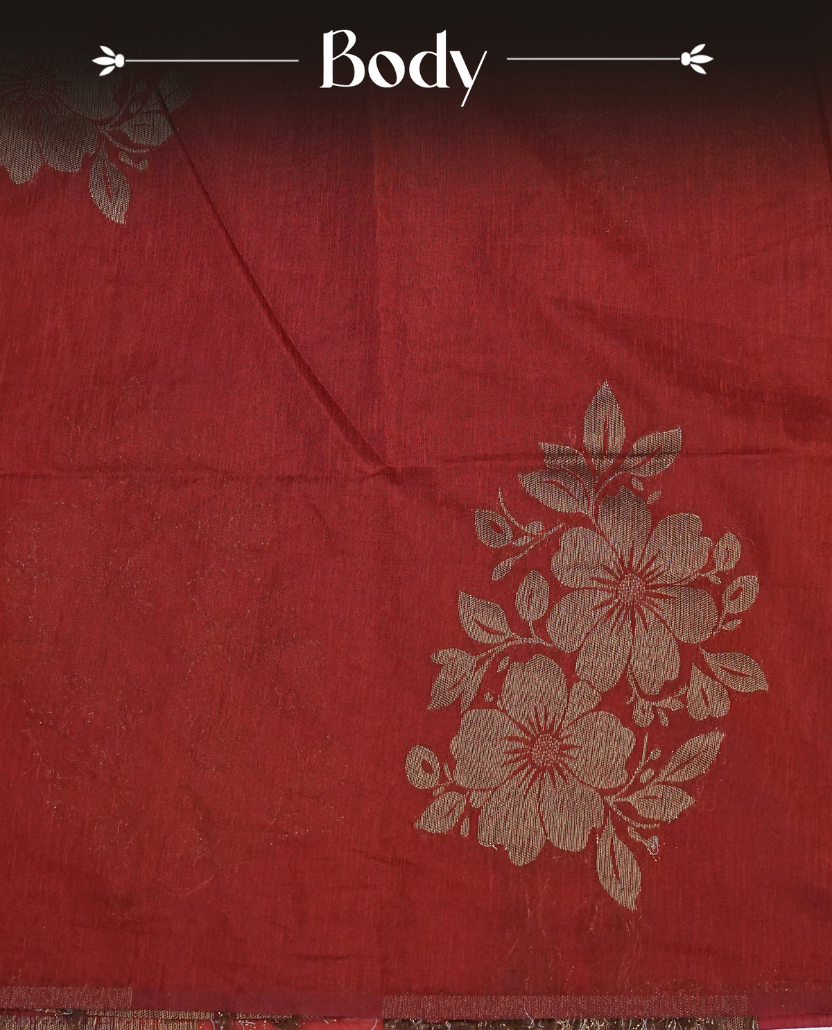 Brick red colour semi linen saree with elegant gold zari floral motifs across the body, complemented by a contrast colour with grand gold zari pallu and a borderless design, paired with a matching blouse piece.