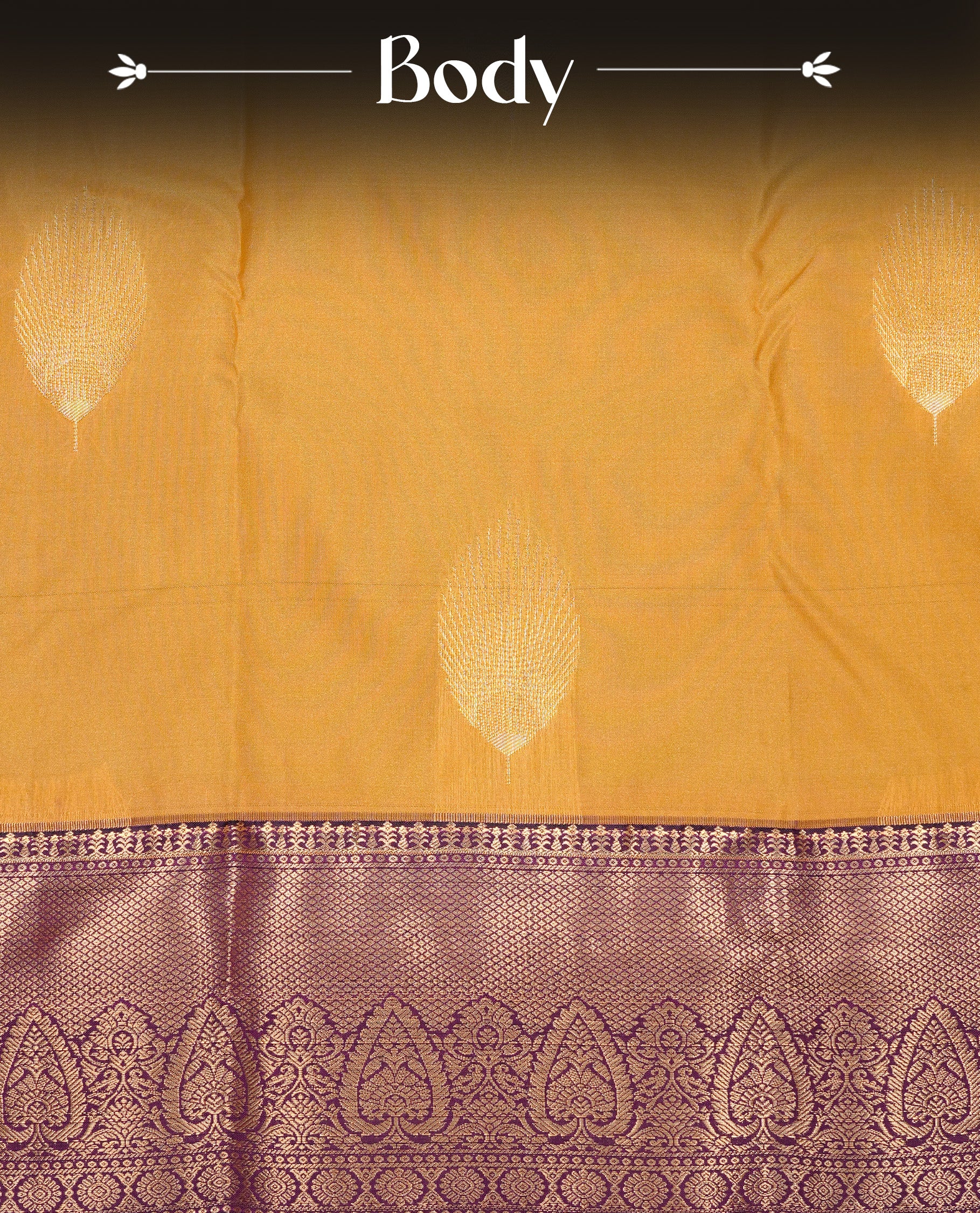 Yellow colour semi Wedding silk saree featuring Gold zari motifs on body, enhanced with Contrast Purple colour with traditional border, paired with matching blouse piece.
