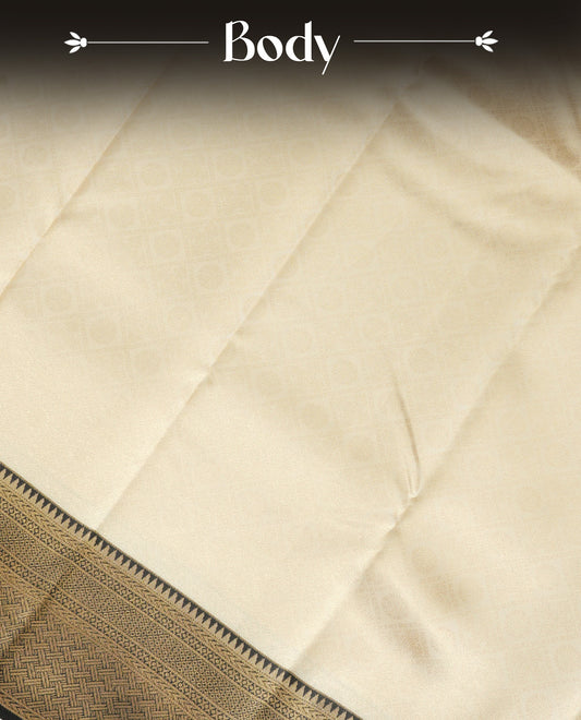 Cream Colour Semi Soft Silk Saree Featuring Gold zari Box With motifs Pattern On Body, Highlighted  by contrast Maroon border with Gold zari, paired with matching blouse piece.