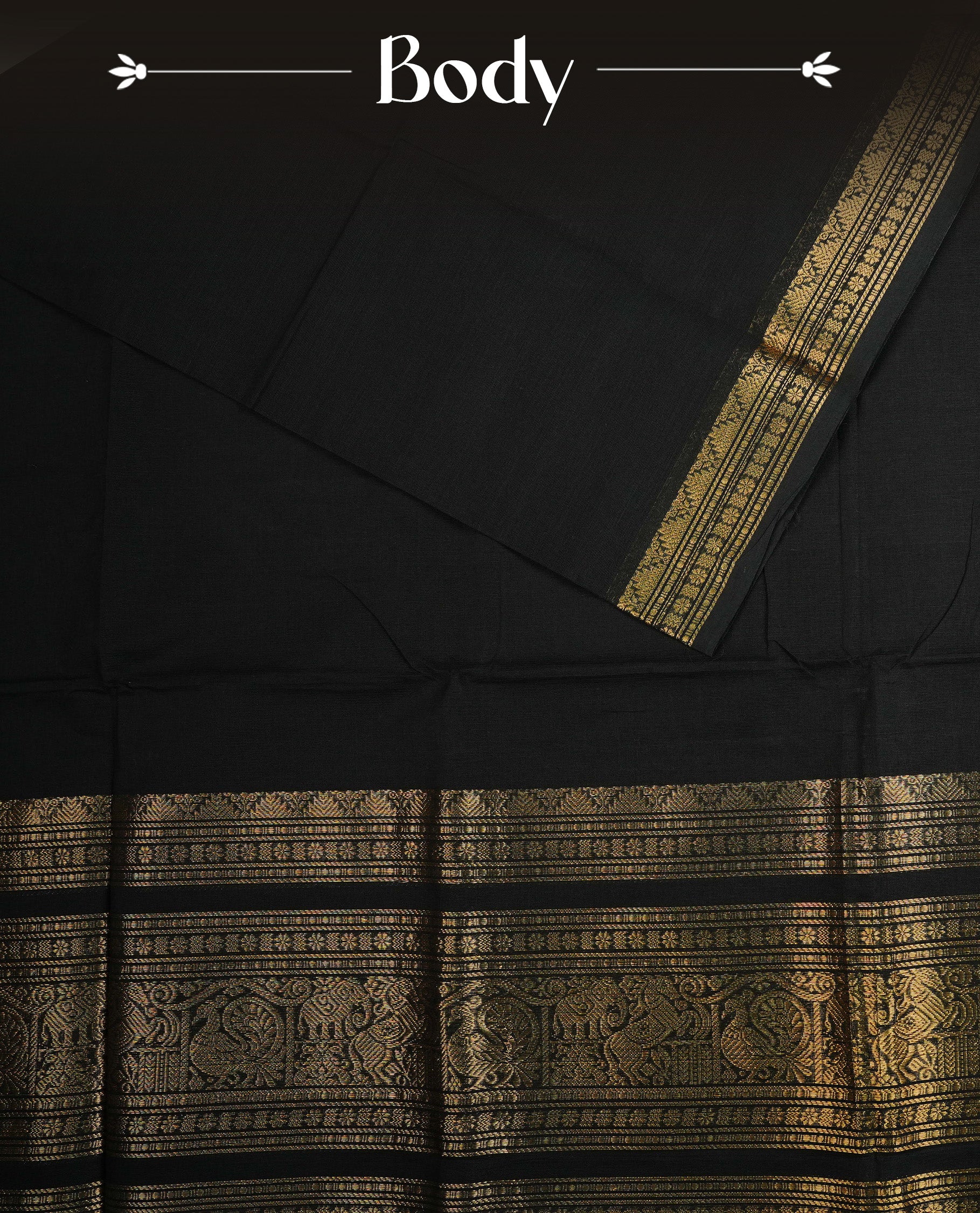 Black colour chettinad cotton saree featuring  Plain body, complemented by  Grand Gold Zari border, paired with matching blouse piece.