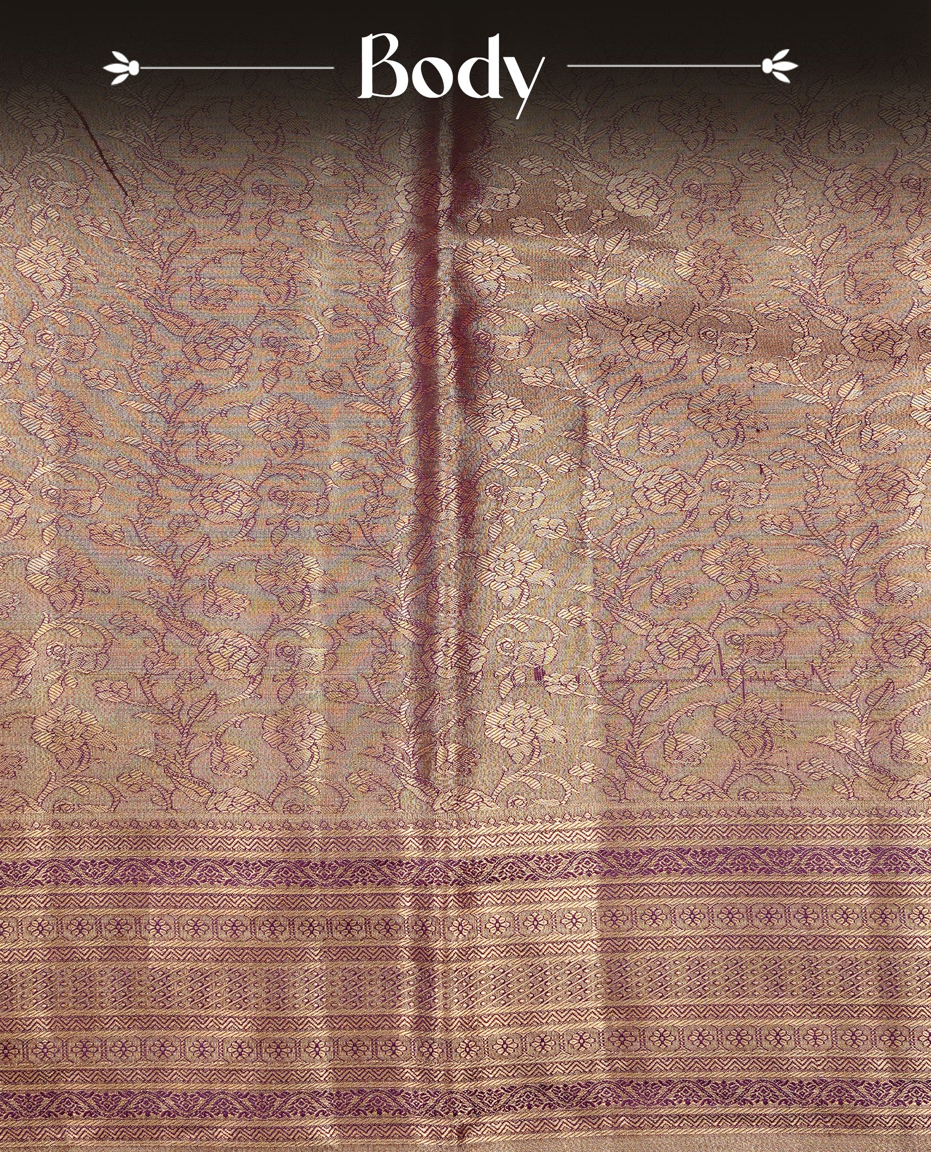 Purple & Gold Colour Tissue silk saree featuirng gold zari kodi pattern on body, enhanced with traditional border on self colour, paired with matching blouse piece.