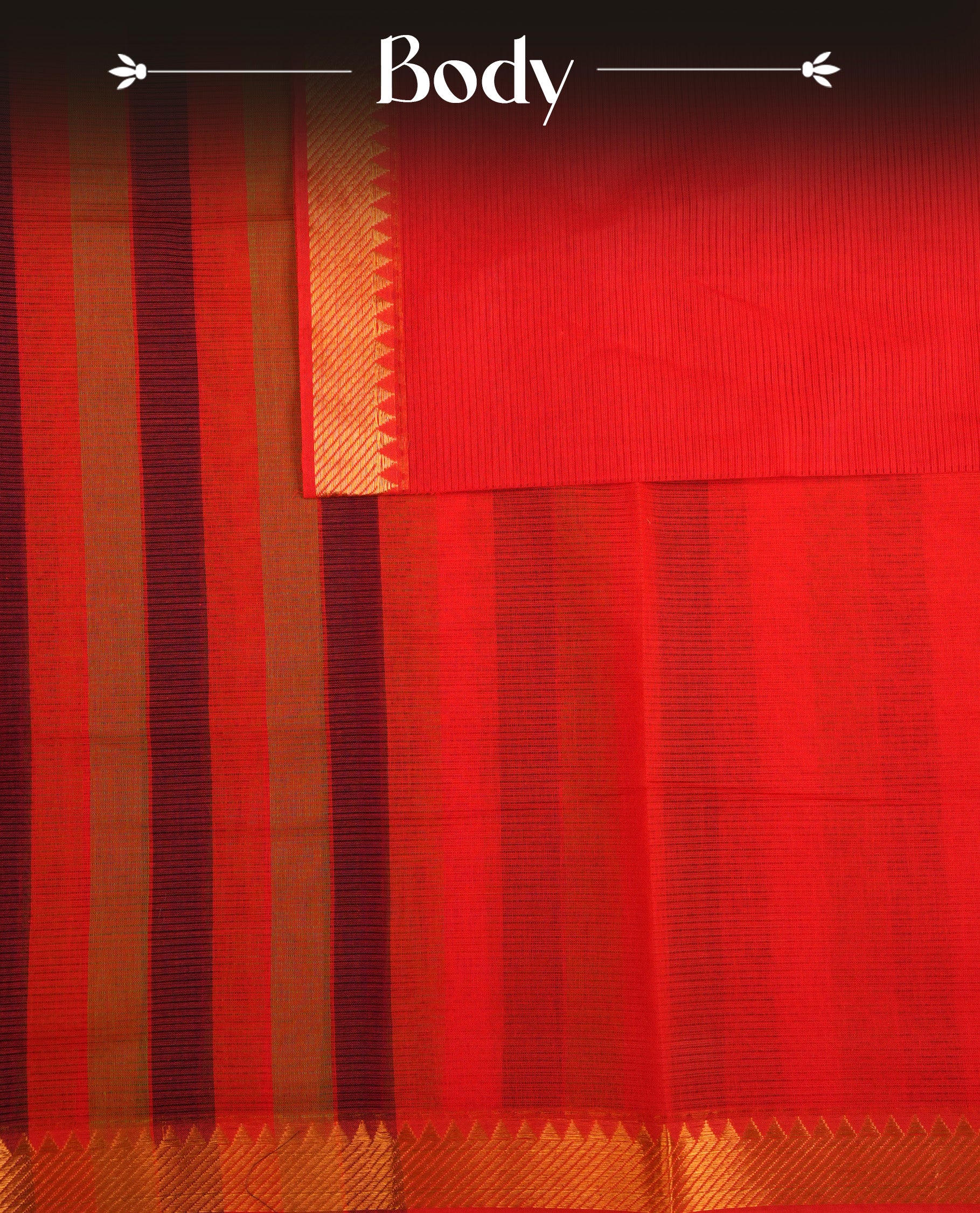 Purple, Dark Gold & Red Colour Mangalagiri Cotton Featuring Contrast stripes On Body ,Complemented By Gold Zari border & Contrast Pallu ,Paired With Matching Blouse Piece.