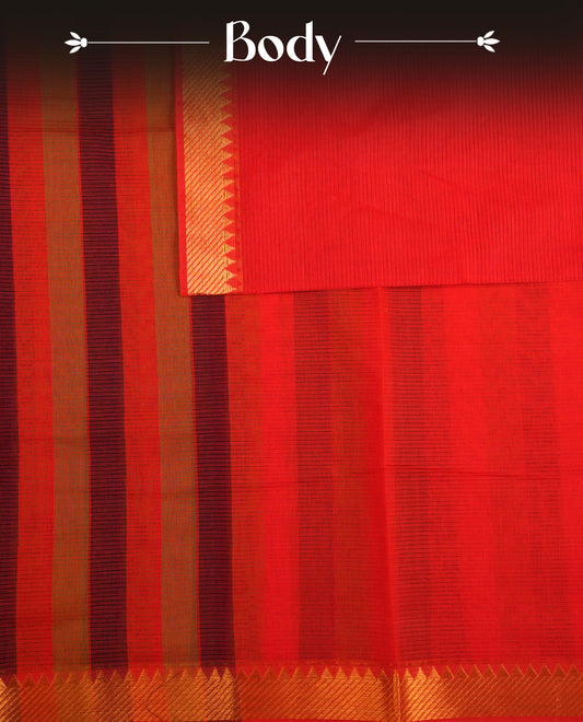 Purple, Dark Gold & Red Colour Mangalagiri Cotton Featuring Contrast stripes On Body ,Complemented By Gold Zari border & Contrast Pallu ,Paired With Matching Blouse Piece.