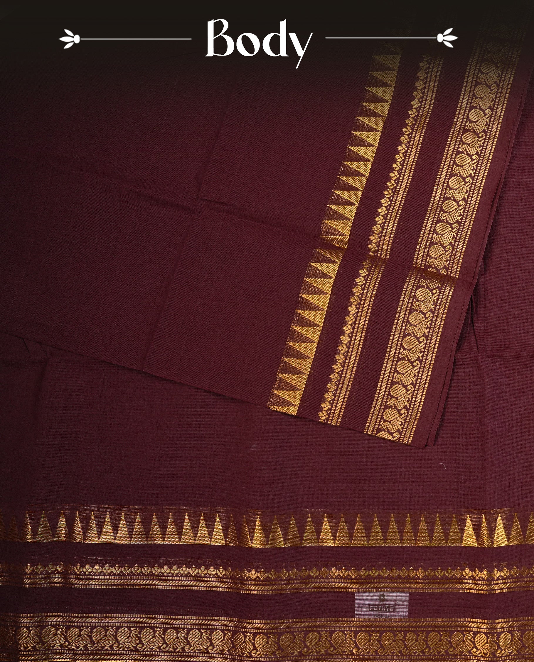 Dark chocolate Colour chettinad cotton saree featuring Elegant plain body, complemented by self colour with Gold zari border, paired with matching blouse piece.