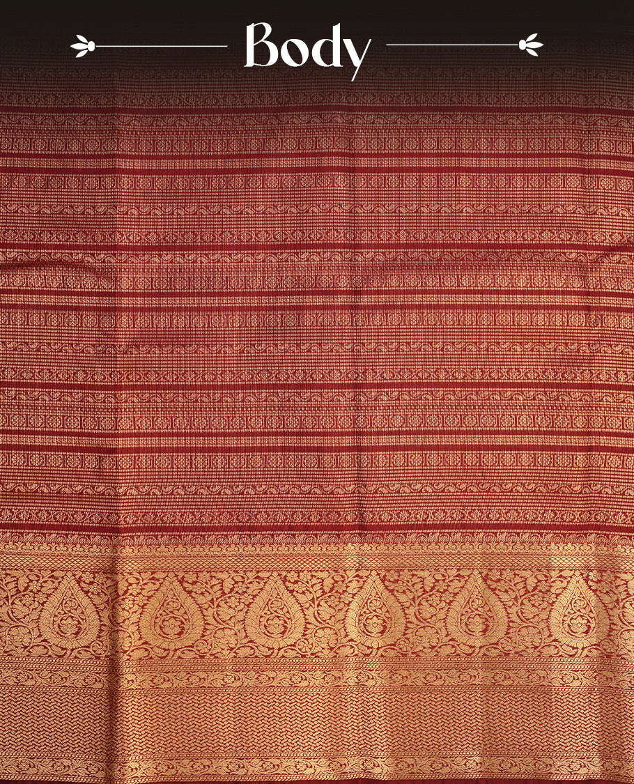 Chocolate colour semi wedding saree featuring gold zari pattern stripes on body, self colour with traditional border, paired with matching blouse piece.