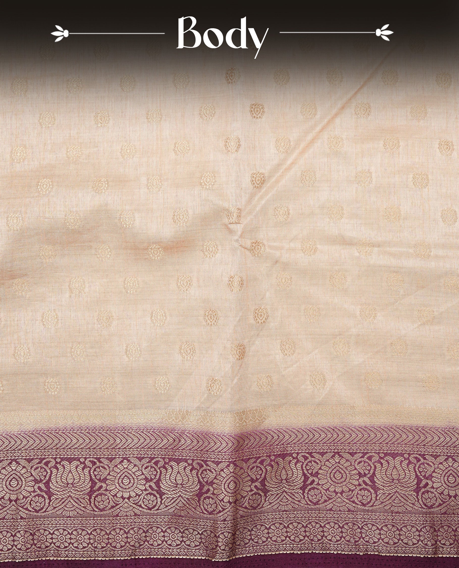Light Gold Tussar saree featuring Gold zari buttas on body, complemented by contrast Purple Colour with Gold zari border, comes with matching blouse piece.