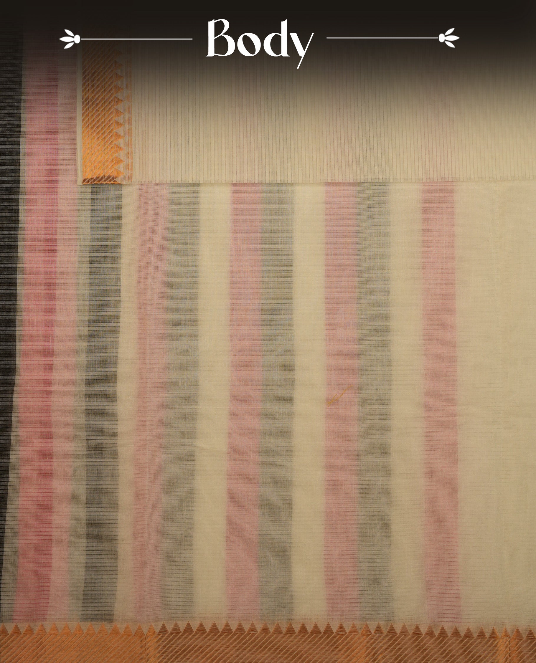 Pink ,White & Black Colour Mangalagiri Cotton Featuring Contrast stripes On Body, Complemented By Gold Zari border & Contrast Pallu ,Paired With Matching Blouse Piece.