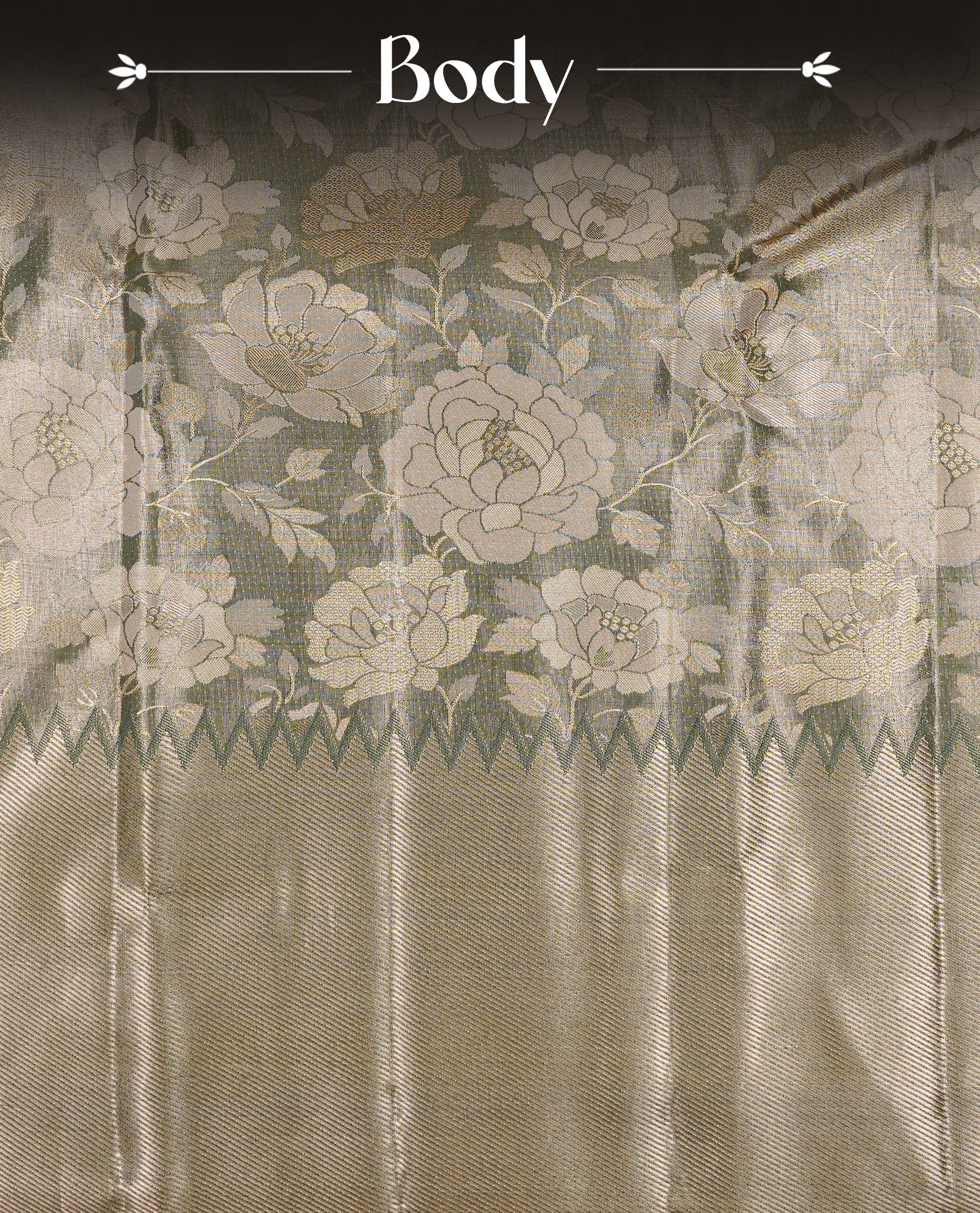 Light green colour Tissue silk saree featuring Gold & silver colour floral zari motifs on body, complemented by contrast Light green with gold zari border, paired with matching blouse piece.