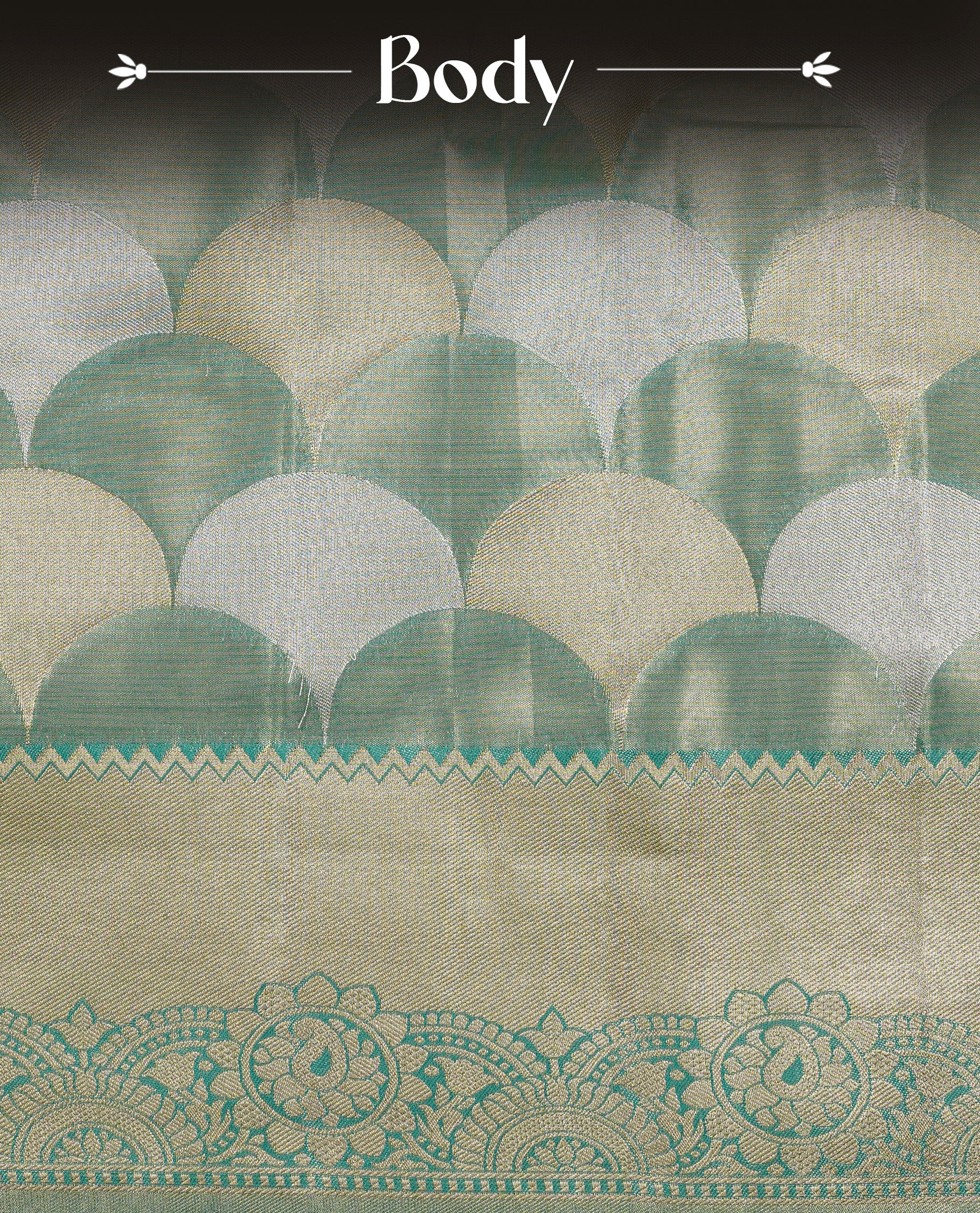 Light Green colour Tissue saree featuirng Green, Gold, silver zari Scales design on body, complemented by traditional border on self colour, paired with matching blouse piece.