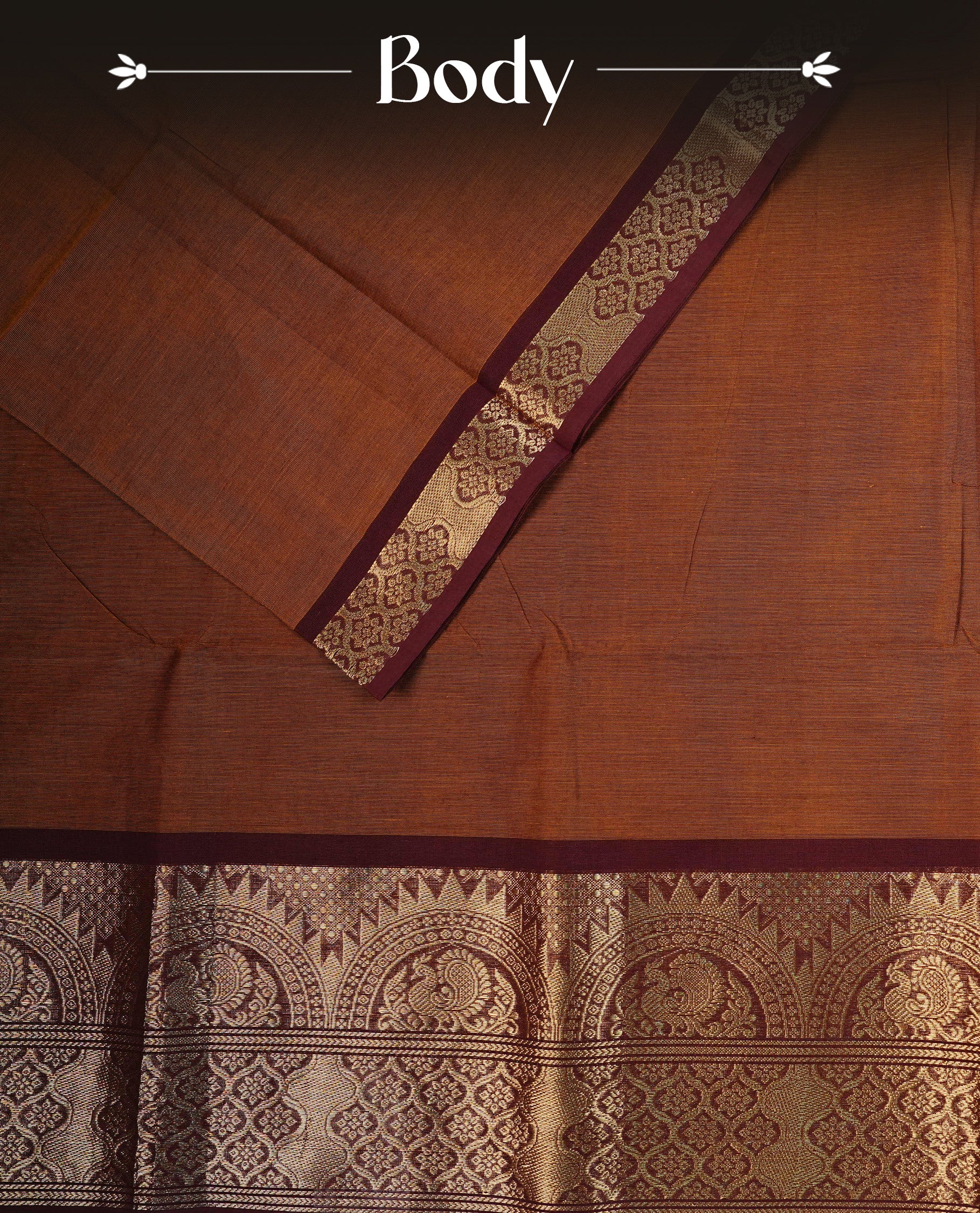 Rust Brwon colour chettinad cotton saree featuring Plain body, complemented by Contrast Maroon Colour With Gold Zari border, paired with matching blouse piece.