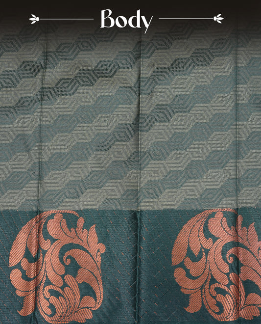 Light khaki colour Semi silk saree Featuring self colour zari Pattern on body, complemented by contrast Green colour with Antique zari border, paired with matching blouse piece.