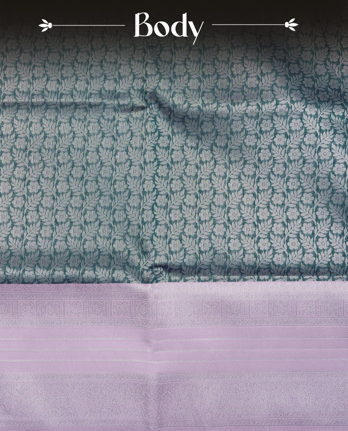 Green colour semi silk saree featuring Silver zari Floral pattern on body, complemented by contrast Purple colour with silver zari border, comes with matching blouse piece.