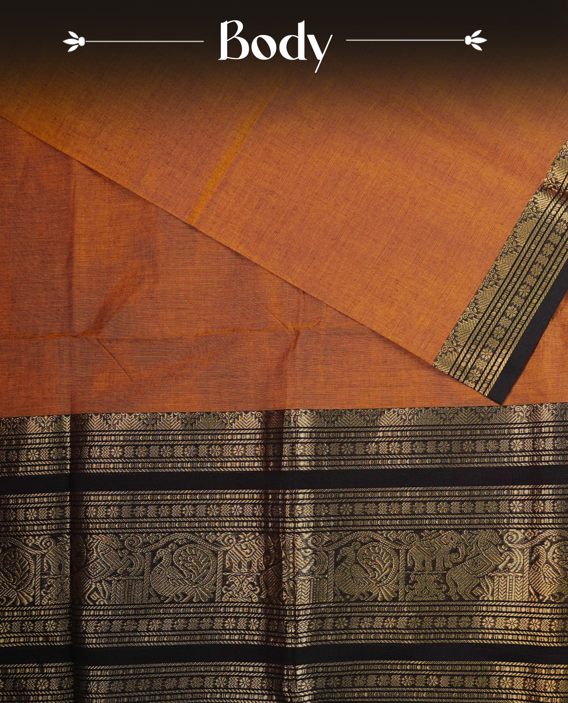 Mustard Orange colour chettinad cotton saree featuring  Plain  body, complemented by Contrast Dark Chocolate Colour With Traditional Gold Zari border, paired with matching blouse piece.