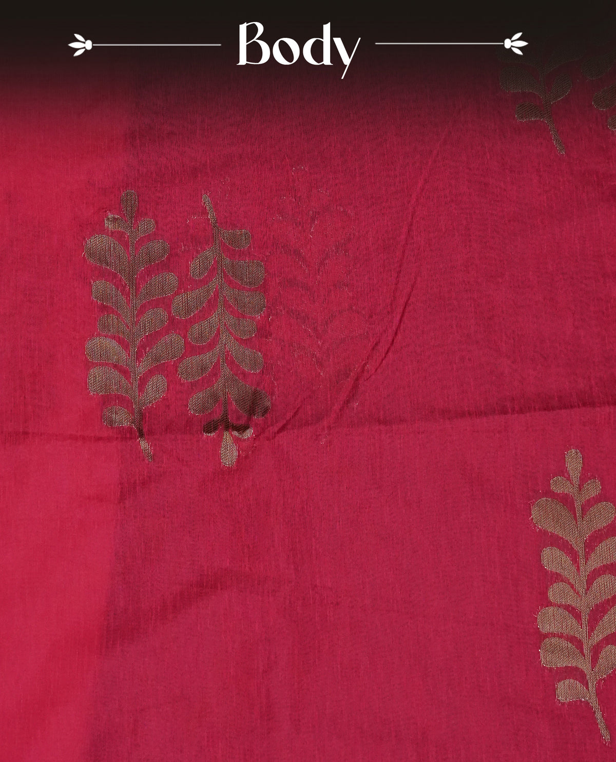 Red colour semi silk saree featuring Gold zari Leaf pattern on body, complemented by contrast  navy colour with Gold zari border, comes with matching blouse piece.