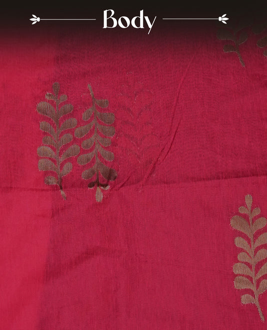 Red colour semi silk saree featuring Gold zari Leaf pattern on body, complemented by contrast  navy colour with Gold zari border, comes with matching blouse piece.