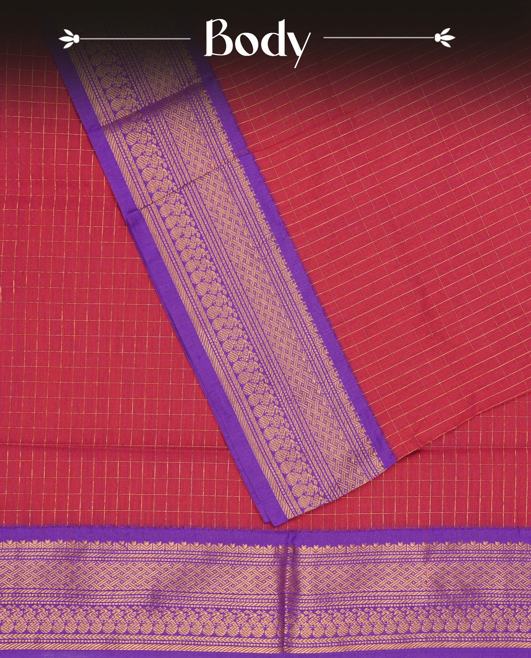 Maroon colour Kalyani cotton saree featuring Gold zari check pattern on body, complemented by Contrast Violet colour with grand gold zari border & pallu, matching blouse piece