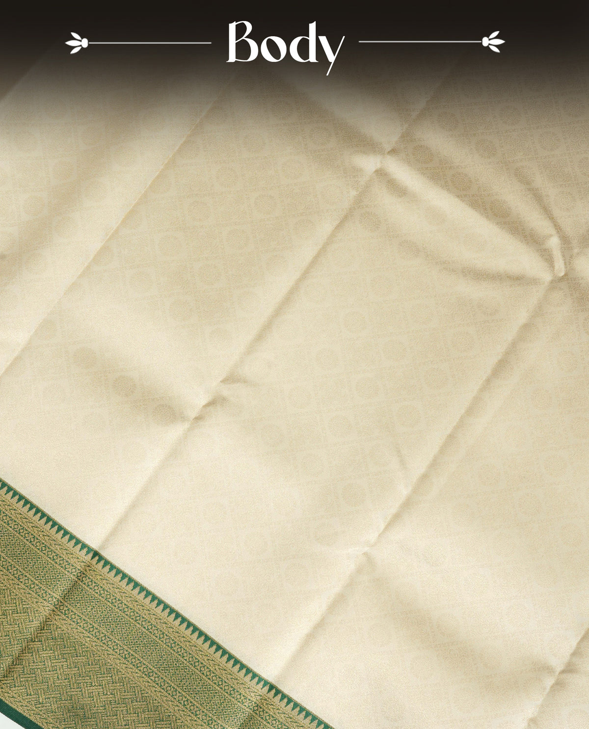 Cream Colour Semi Soft Silk Saree Featuring Gold zari Box With motifs Pattern On Body, Highlighted  by contrast Dark Green border with Gold zari, paired with matching blouse piece.