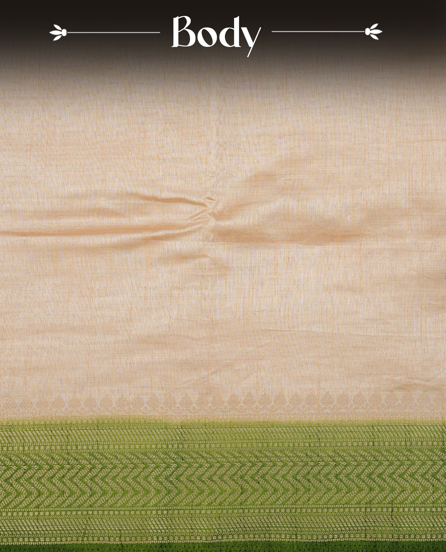 Cream colour Semi Tussar silk saree featuring an elegant plain body, accentuated by a contrast olive border adorned with intricate gold zigzag zari work, paired with a matching blouse piece.