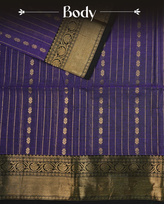 Violet colour chettinad cotton saree featuring Stripes  on body, complemented by Contrast Black Colour With Gold Zari border, paired with matching blouse piece.