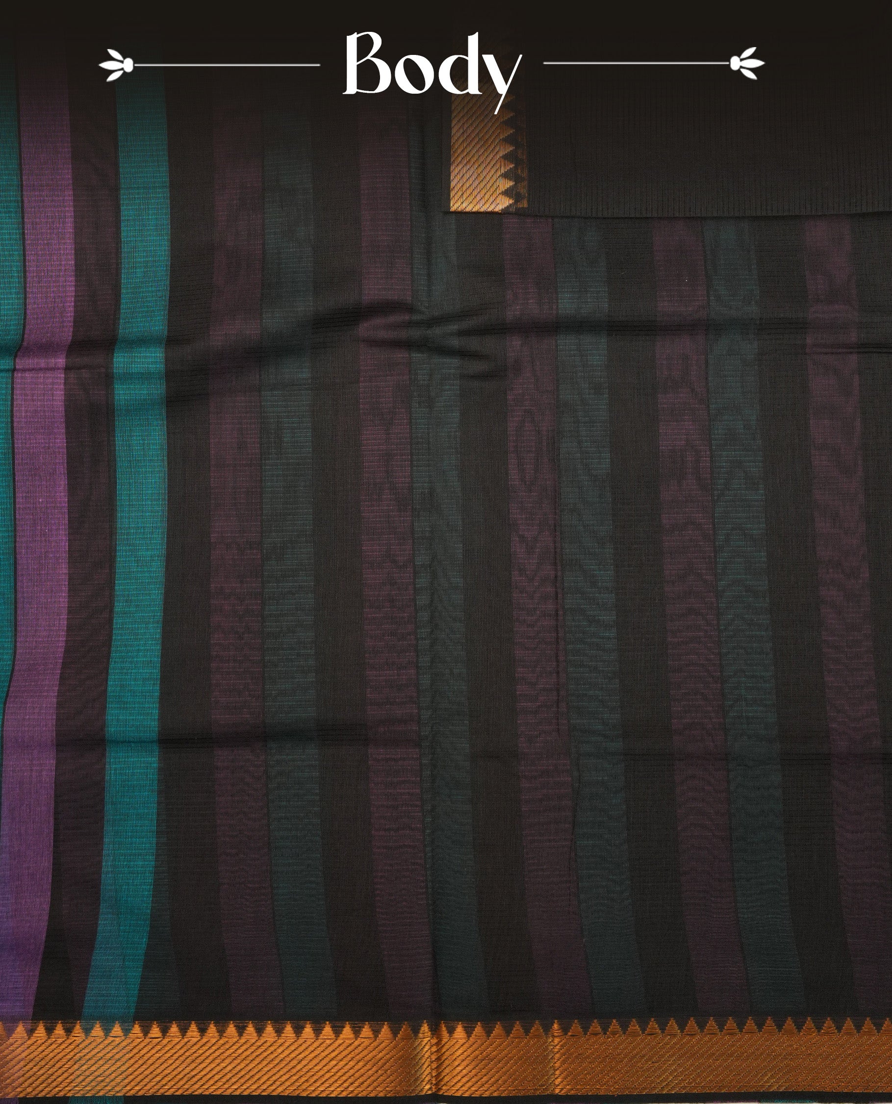 Black  Colour Mangalagiri cotton saree  Featuring with teal and purple stripes, complemented by an antique zari border & Pallu.Paired with a matching blouse piece