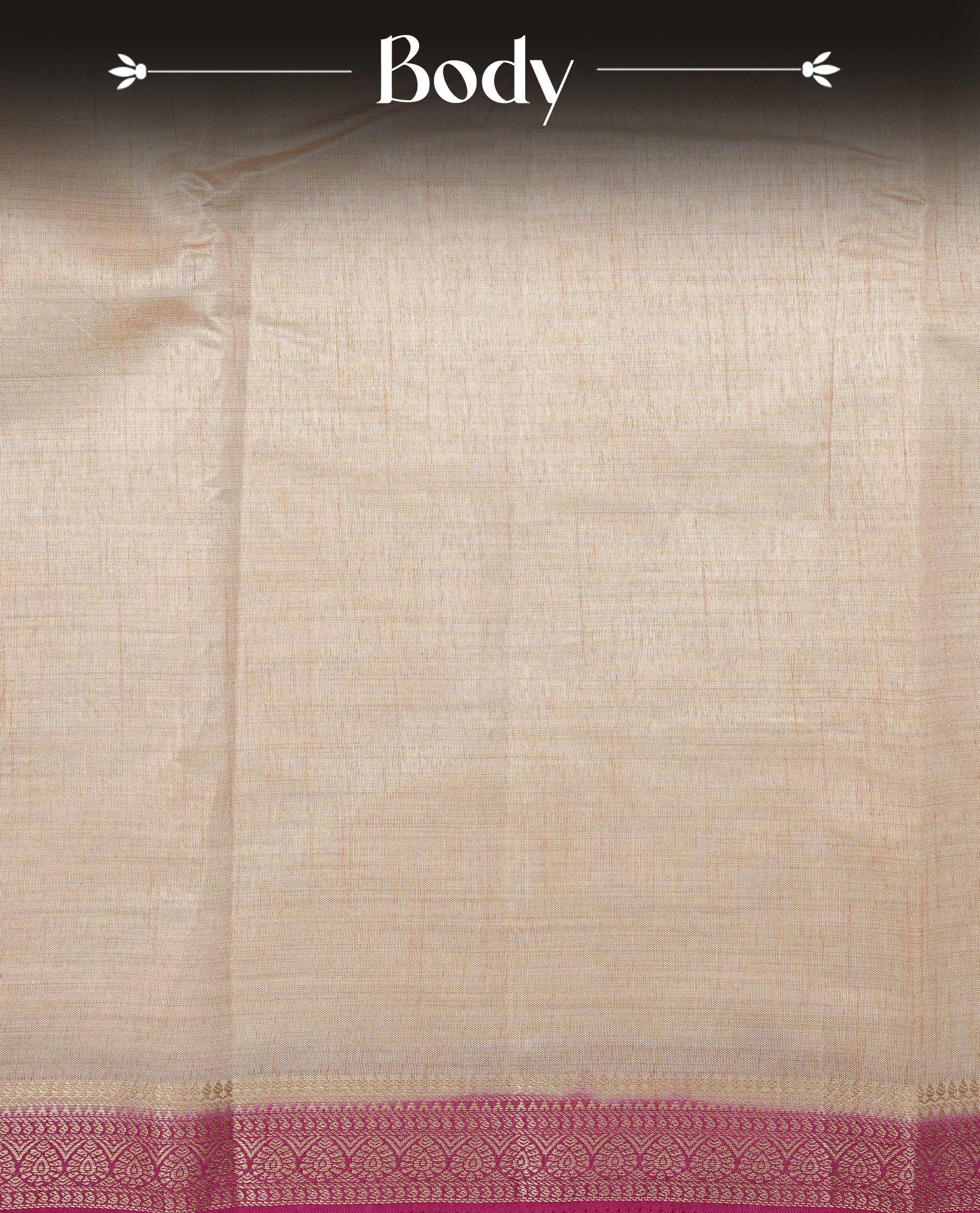 Cream colour Semi Tussar silk saree featuring an elegant plain body, accentuated by a contrast Magenta border adorned with intricate gold zari work, paired with a matching blouse piece.