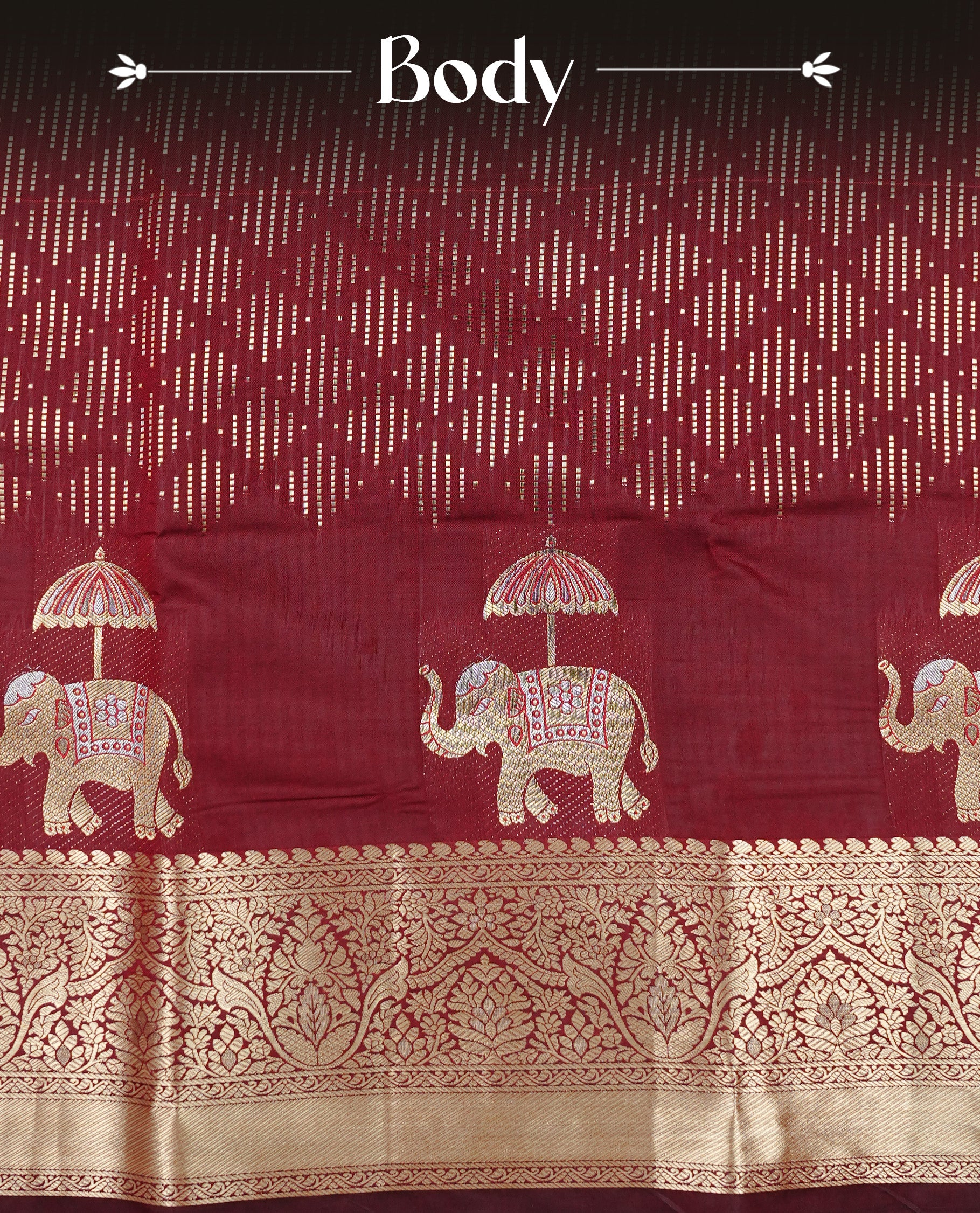 Chocolate colour semi wedding silk saree featuring Gold zari pattern on body, complemented Silver Elephant motifs & gold zari border, paired with matching blouse piece.