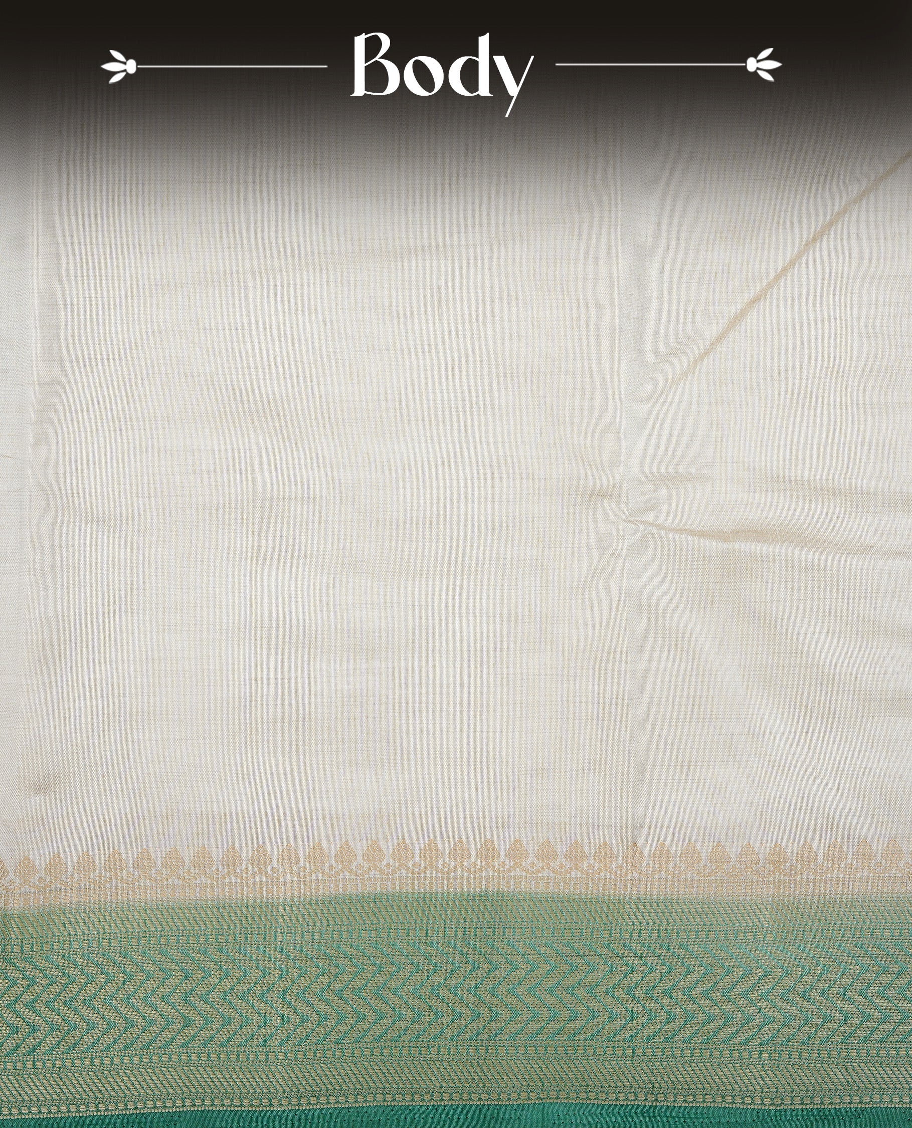 White cream colour Semi Tussar silk saree featuring an elegant plain body, accentuated by a contrast Aqua green border adorned with intricate gold zigzag zari work, paired with a matching blouse piece.