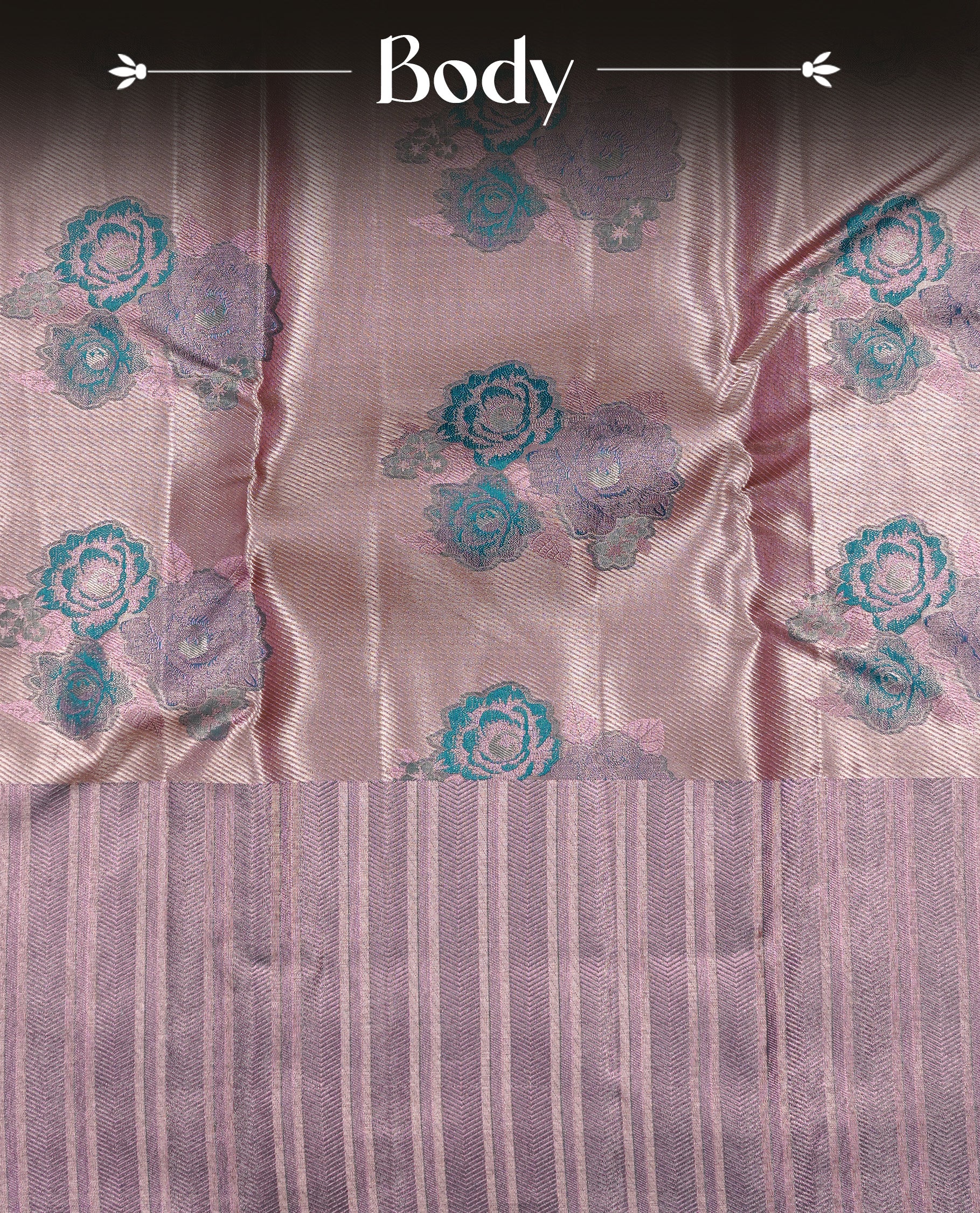 Rose Gold colour Tissue silk saree featuring Green colour floral zari motifs on body, complemented by contrast Light purple zari border, paired with matching blouse piece.