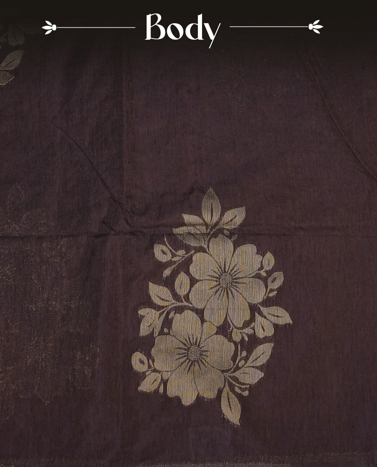 Chocolate brown colour semi linen saree with elegant gold zari floral motifs across the body, complemented by a contrast colour with grand gold zari pallu and a borderless design, paired with a matching blouse piece.