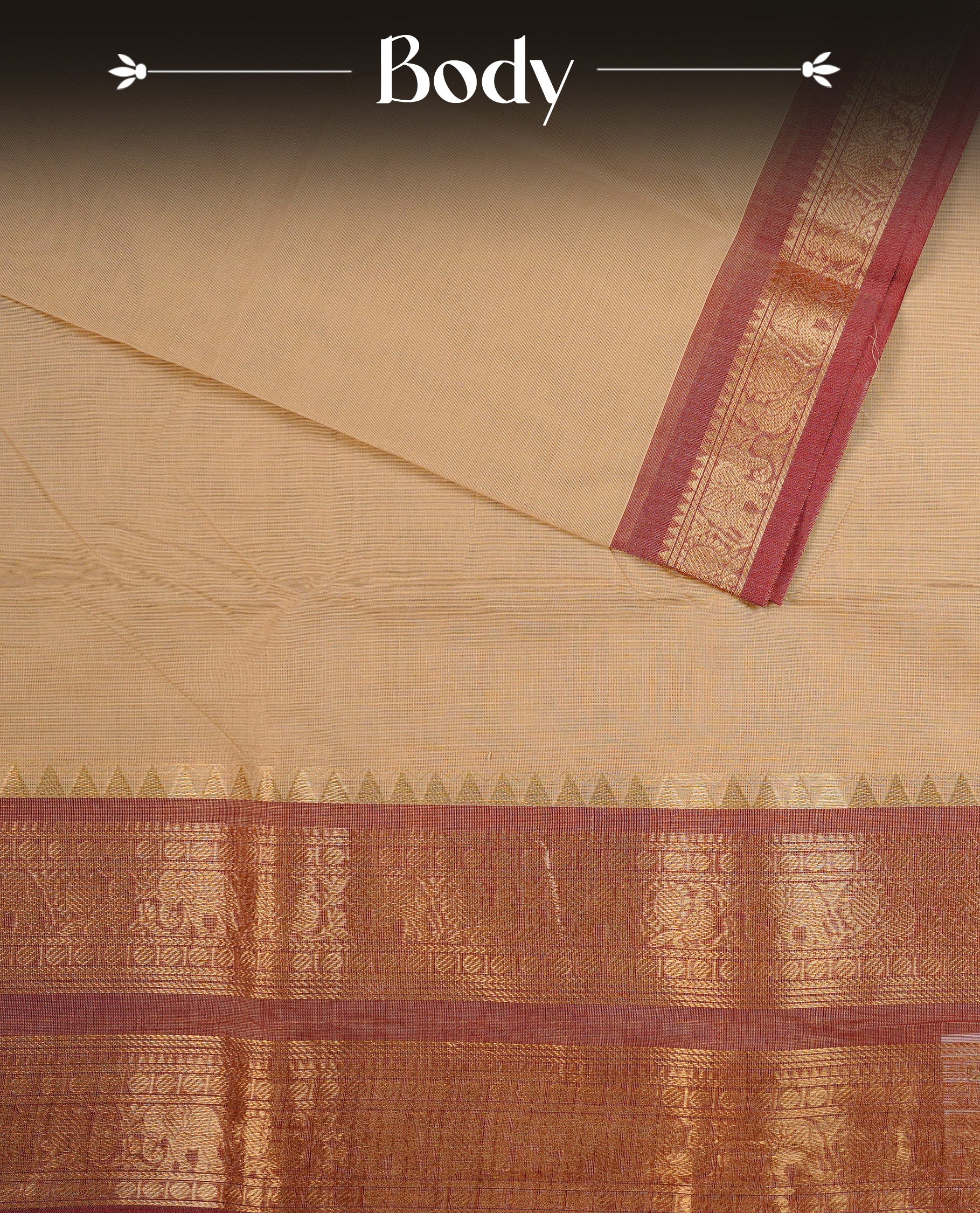 Cream colour chettinad cotton saree featuring Elegant plain body, complemented by contrast Brown colour with Gold zari border, paired with matching blouse piece.
