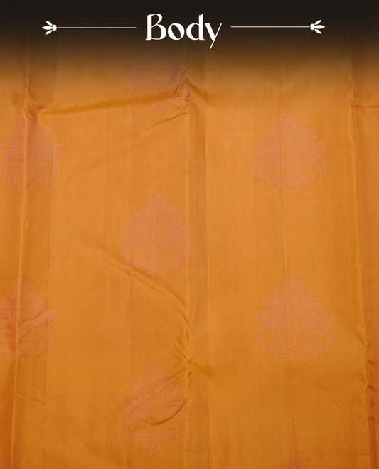 Mustard Yellow Colour Traditional Kancheepuram Silk Saree Featuring Bronze Zari Pattern  Motifs on the Body, Designed Without a Border and with a Grand Pallu, Paired with a Matching Blouse.