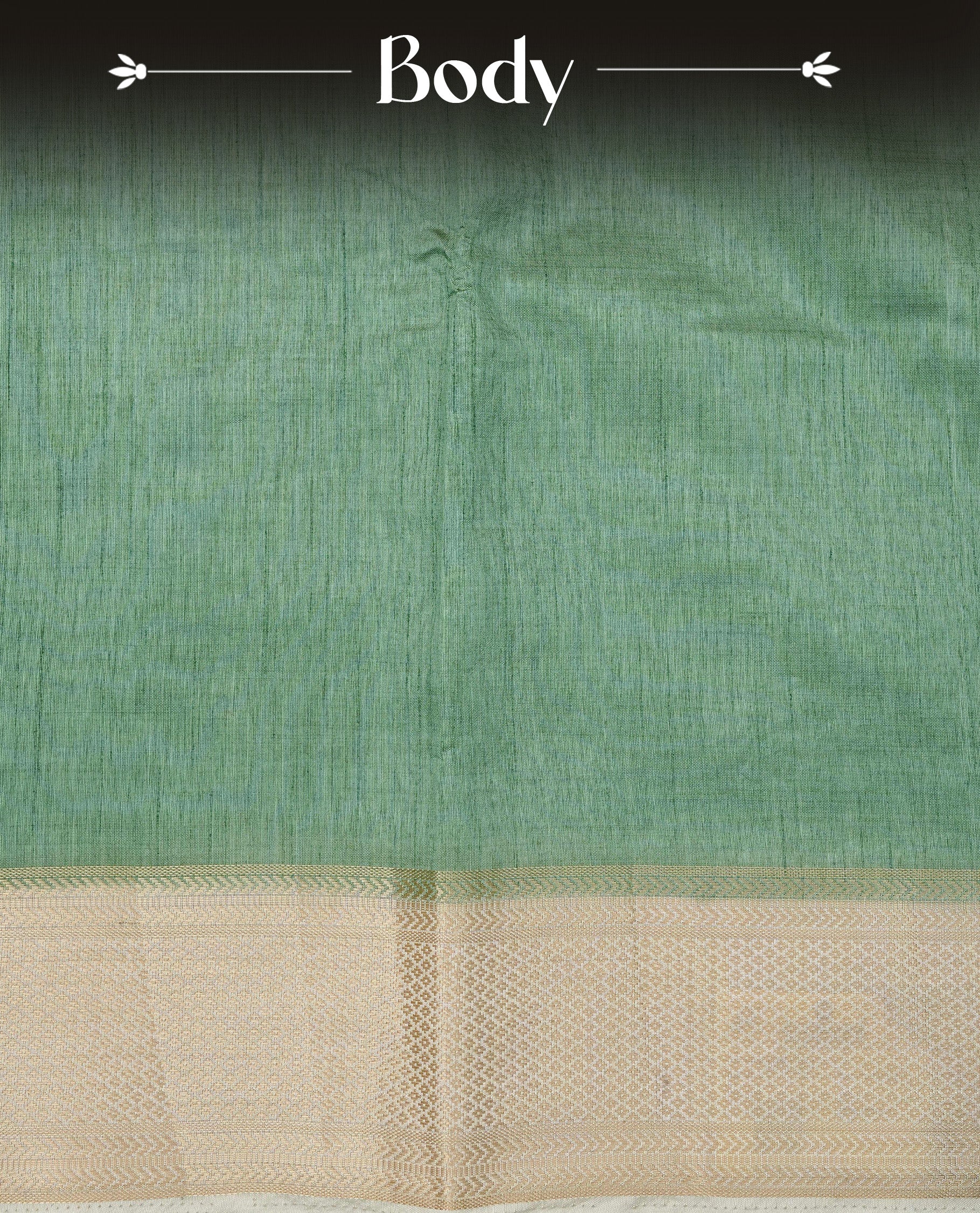 Green colour Semi Tussar silk saree featuring an elegant plain body, accentuated by a contrast cream border adorned with intricate gold zari work, paired with a matching blouse piece.