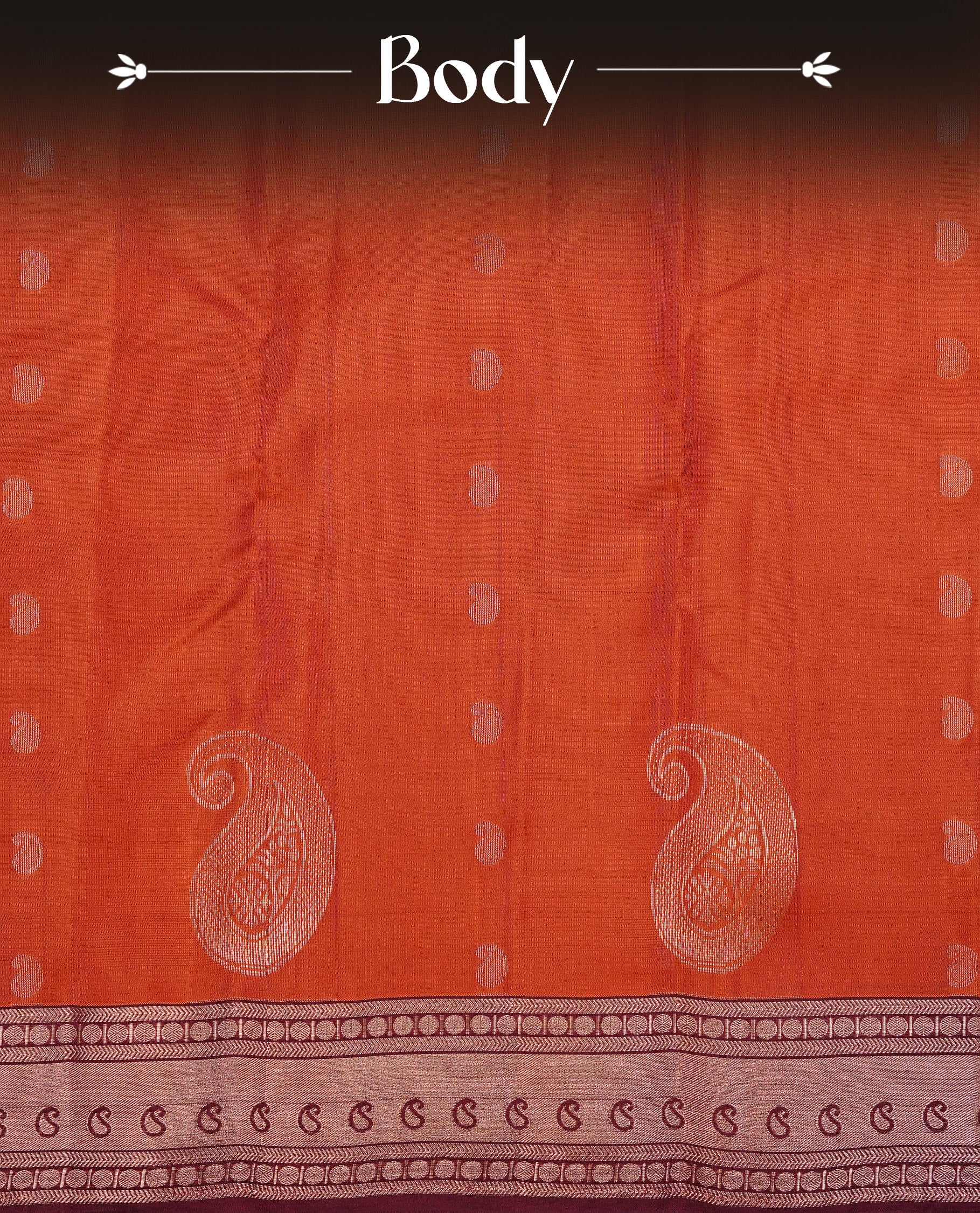 Dark Orange  Colour Traditional Kancheepuram Slik Saree Featuring Gold Zari Mango Motifs on the Body, Complemented by a Contrast Maroon Colour Gold Zari Traditional Border and Pallu, Paired with a Matching Blouse .