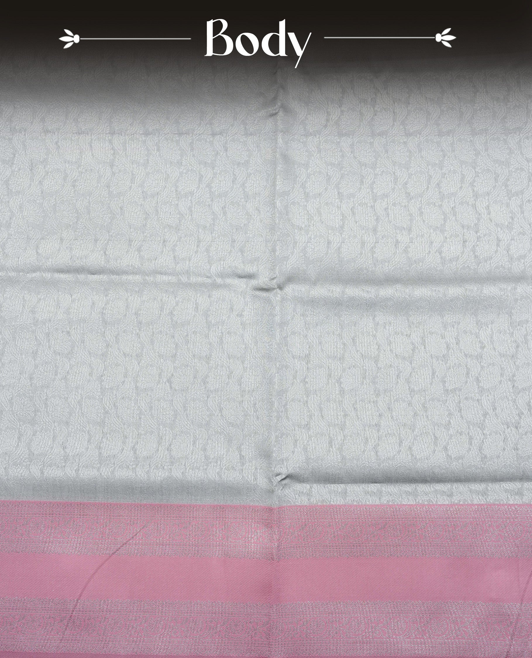 Grey colour semi silk saree featuring Silver zari Floral pattern on body, complemented by contrast Pink colour with silver zari border, comes with matching blouse piece.