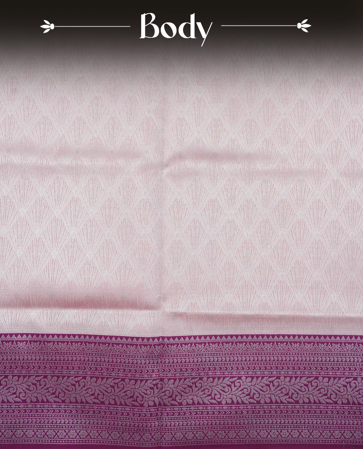 Baby pink colour semi silk saree featuring Silver zari Design pattern on body, complemented by contrast Purple colour with silver zari border, comes with matching blouse piece