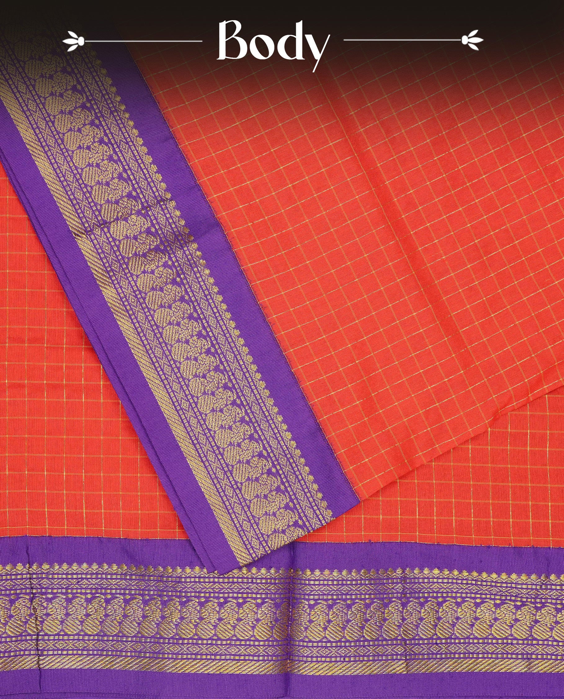 Red colour Kalyani cotton saree featuring Gold zari check pattern on body, complemented by Contrast Purple colour with grand gold zari border & pallu, matching blouse piece