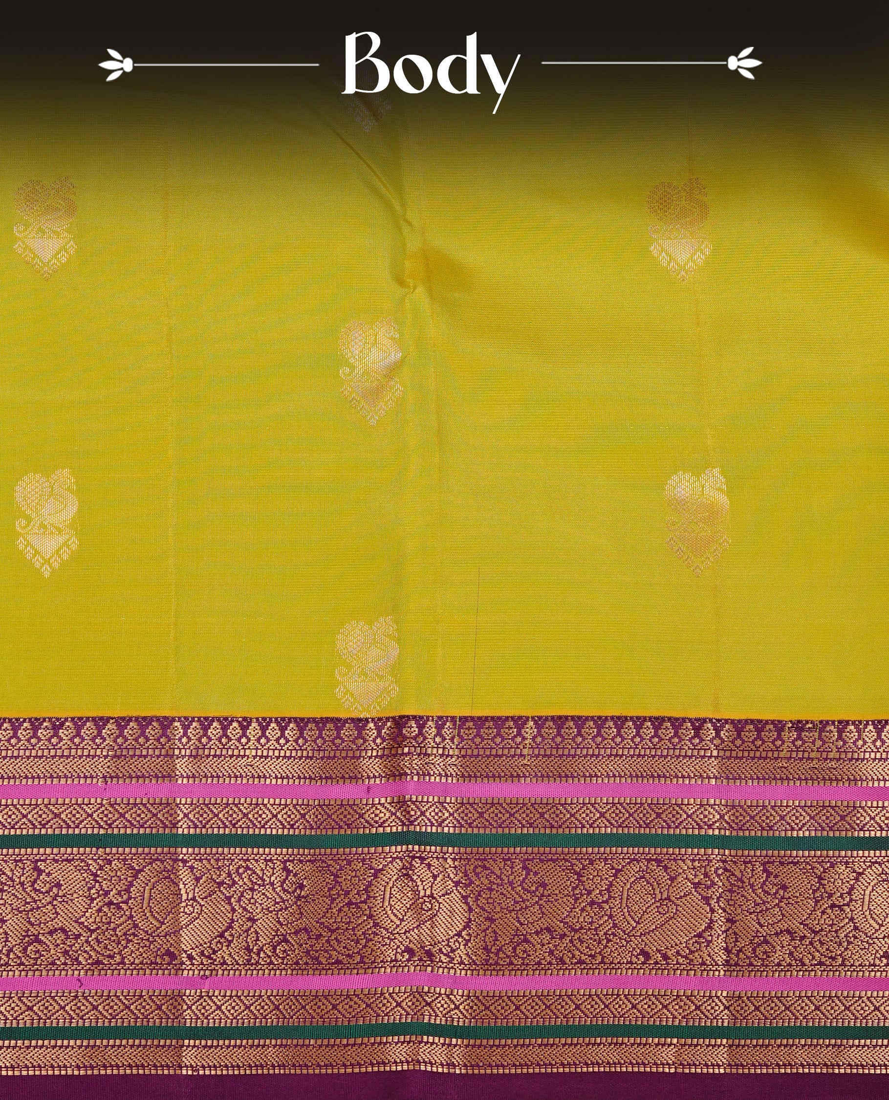 Olive colour Traditional Kancheepuram silk saree featuring gold zari motifs on body, enhanced with contrast Purple with multicolour & traditional border, paired with matching blouse piece.