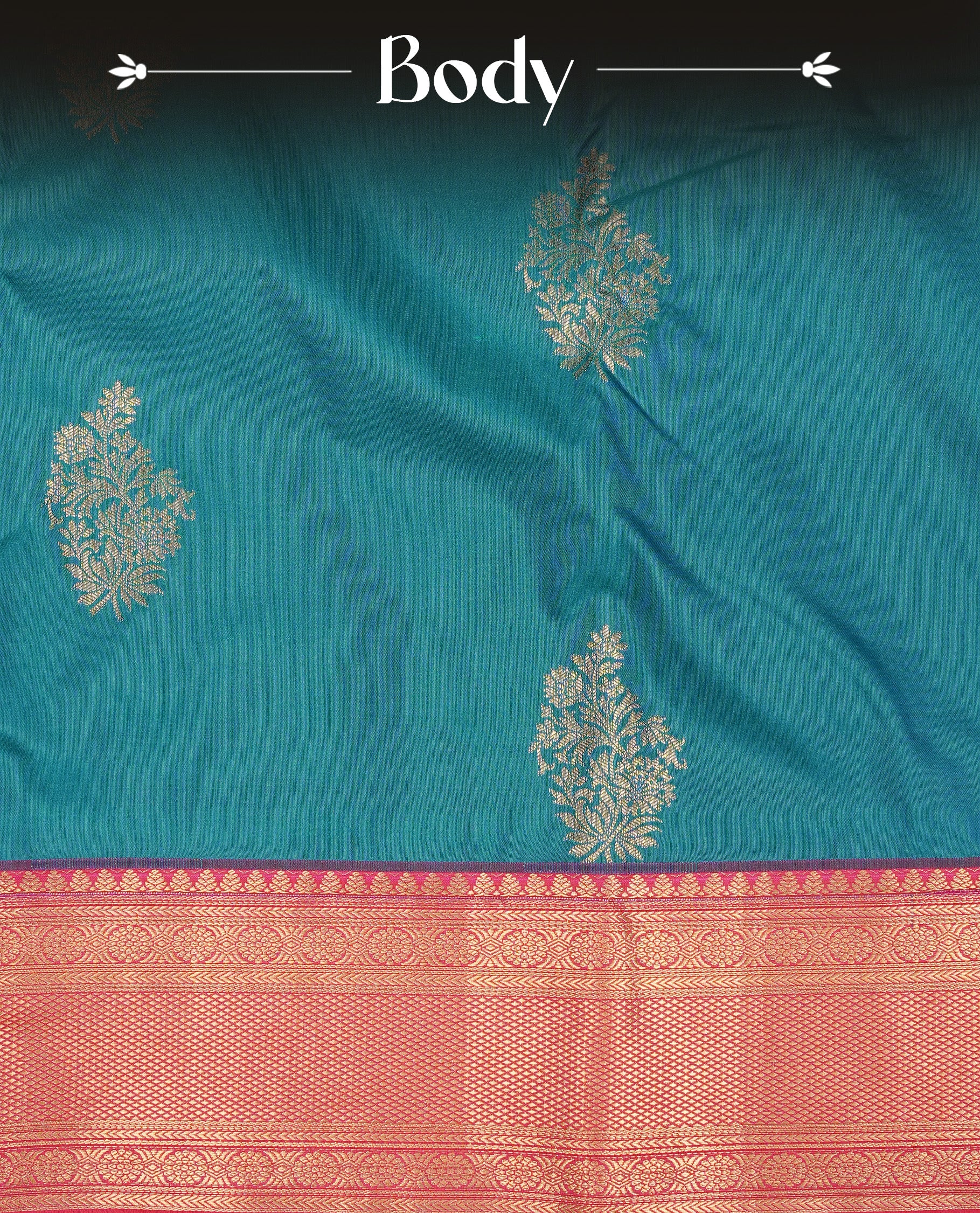 Peacock colour semi Wedding silk saree featuring Gold zari motifs on body, enhanced with Contrast red colour with traditional border, paired with matching blouse piece.