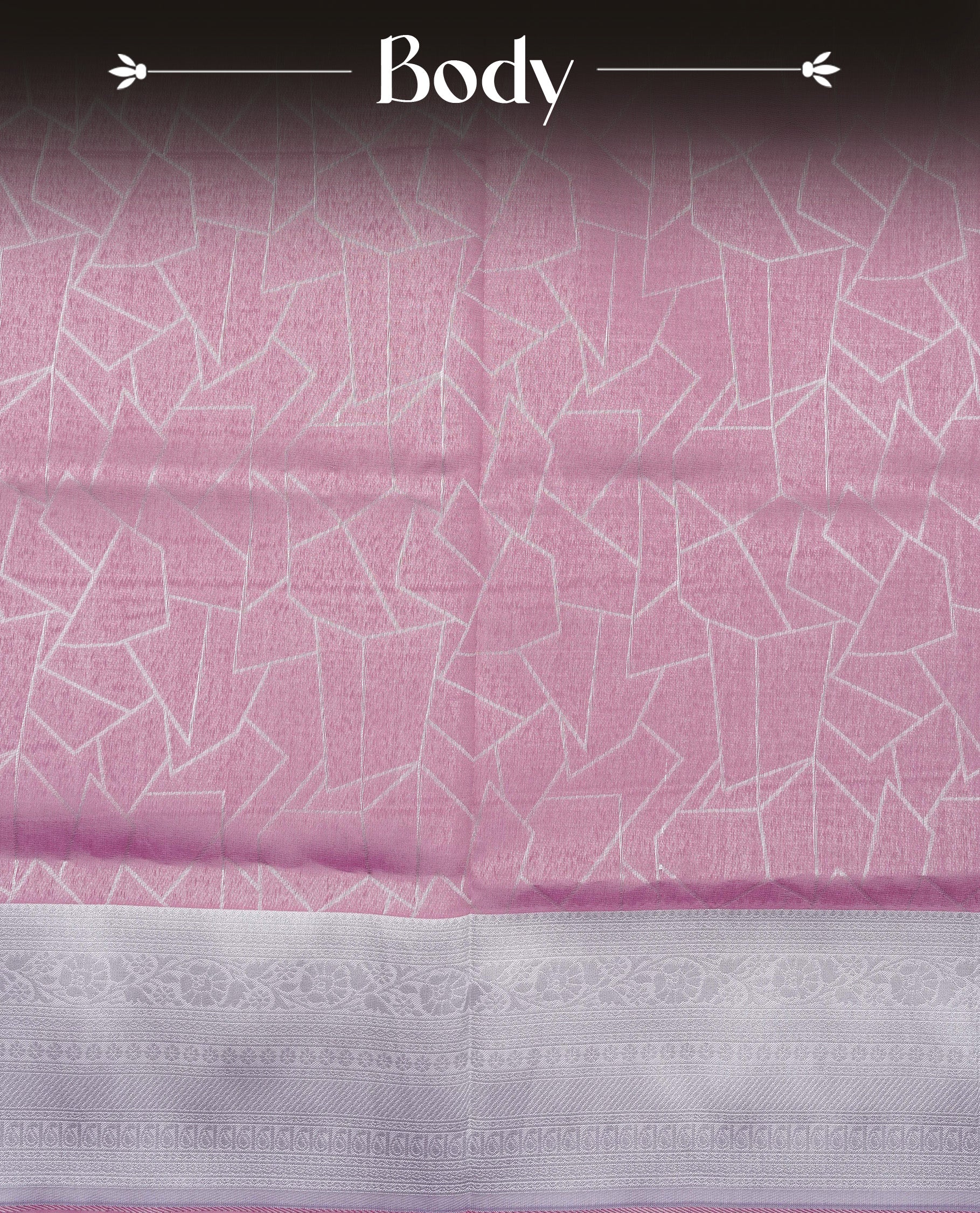 Pink colour semi silk saree featuring Silver zari Geometric pattern on body, complemented by contrast Lavender colour with silver zari border, comes with matching blouse piece.