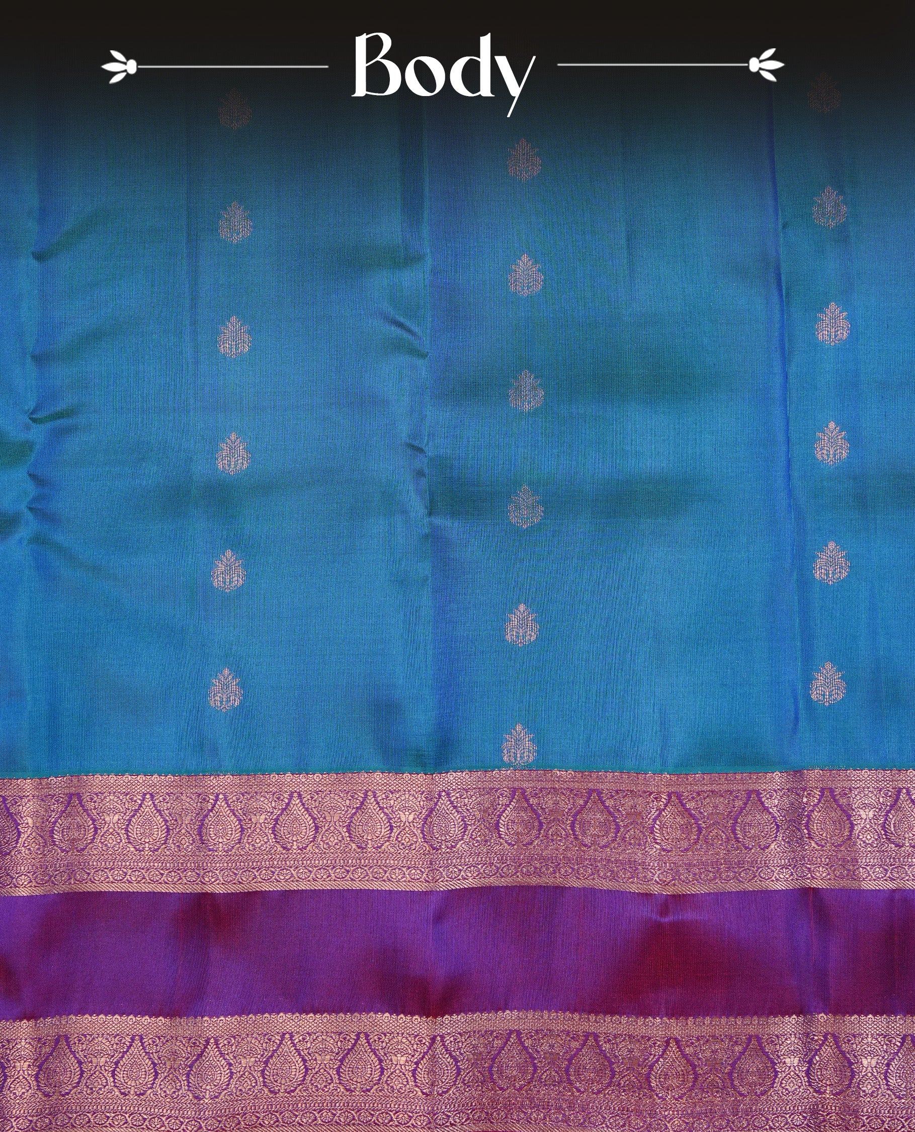 Green & Blue Dual Colour Traditional Kancheepuram Slik Saree Featuring Gold Zari Motifs on the Body, Complemented by a Contrast Purple Colour  Gold Zari Traditional Border and Pallu, Paired with a Matching Blouse .