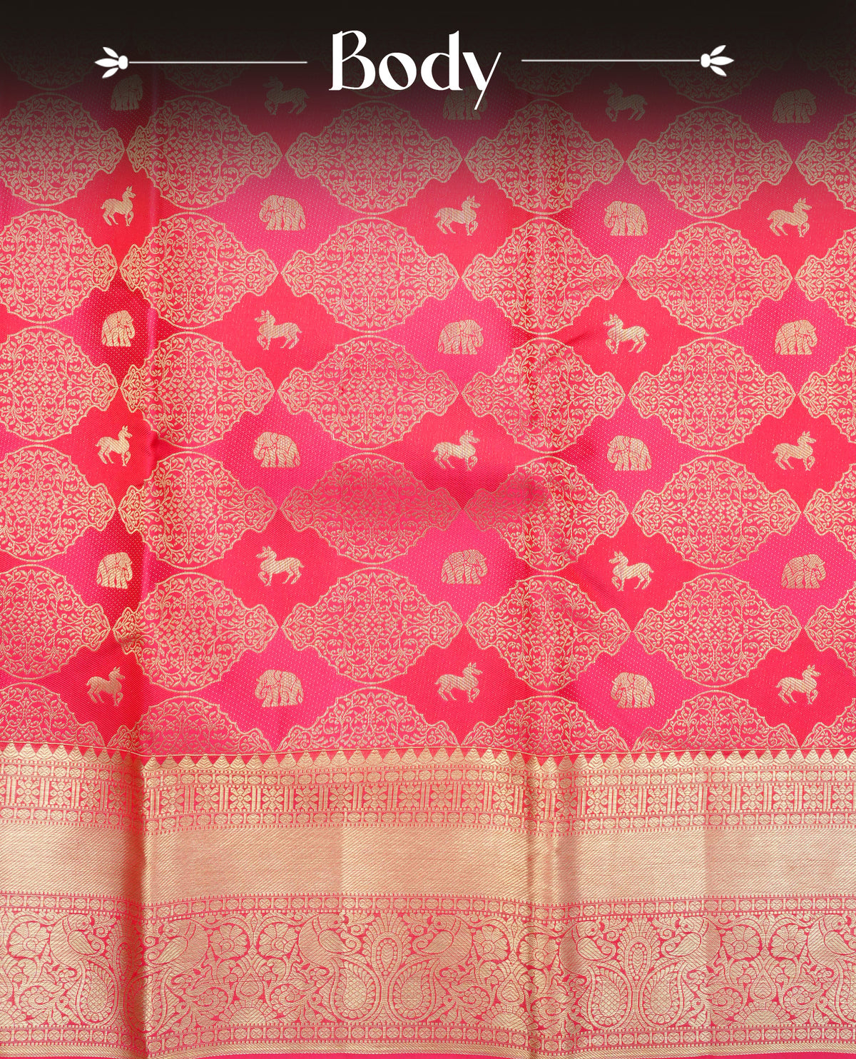 Red colour Pure Wedding silk saree featuring Animal buttas with Designed worked body, complemented by self colour with traditional border, comes with matching blouse piece.