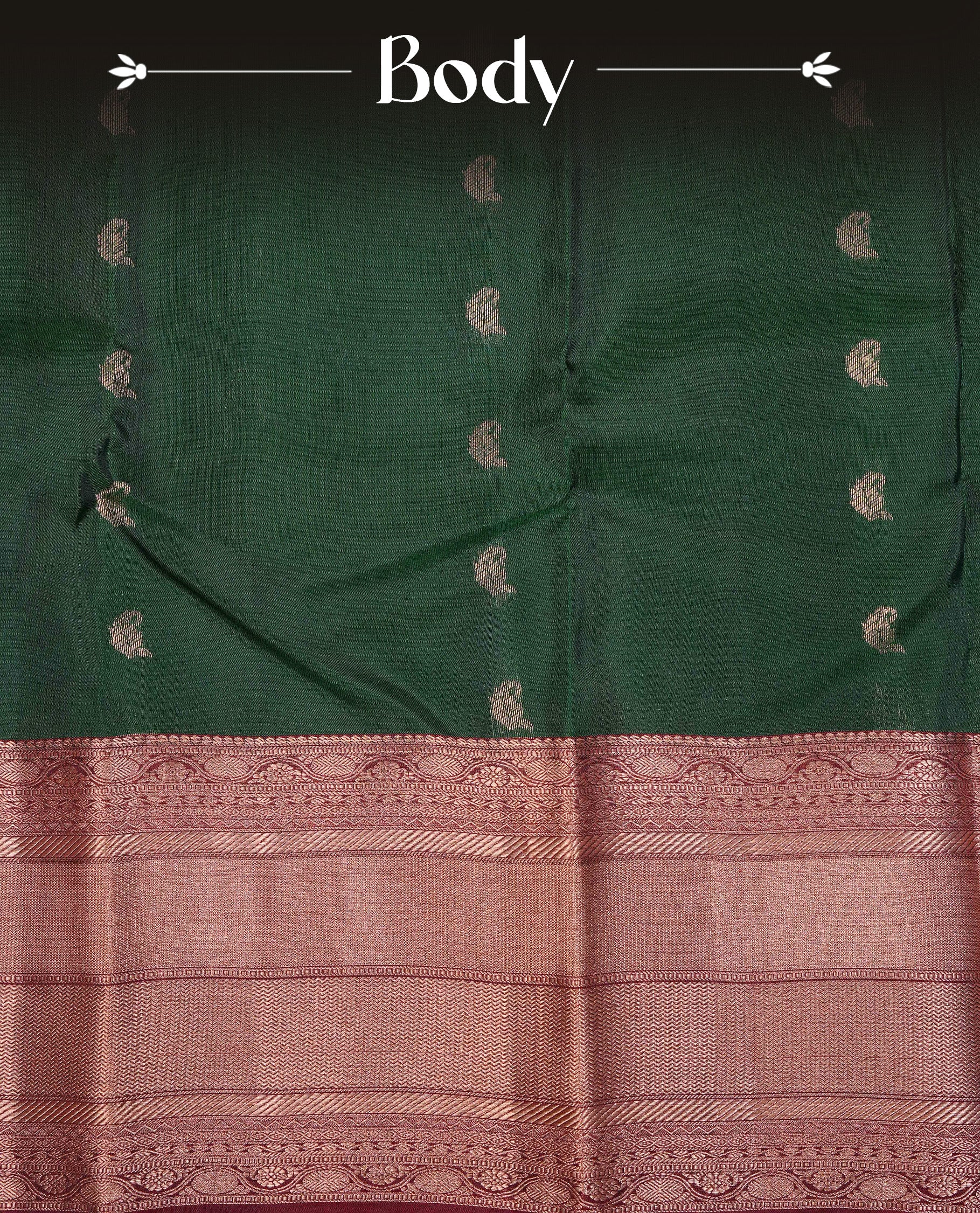 Green Colour Traditional Kancheepuram Silk Saree Featuring Gold Zari  Motifs on the Body, Complemented by a Contrast Maroon Colour Gold Zari Traditional Border and Pallu, Paired with a Matching Blouse .