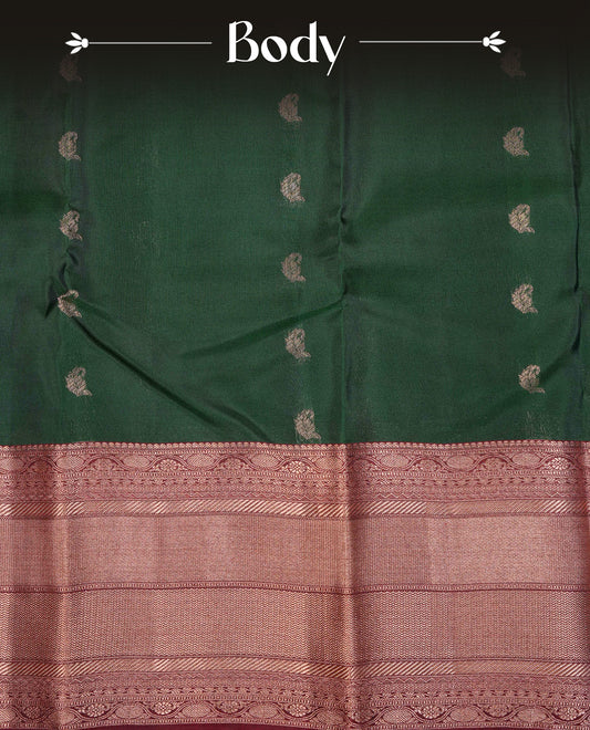 Green Colour Traditional Kancheepuram Silk Saree Featuring Gold Zari  Motifs on the Body, Complemented by a Contrast Maroon Colour Gold Zari Traditional Border and Pallu, Paired with a Matching Blouse .