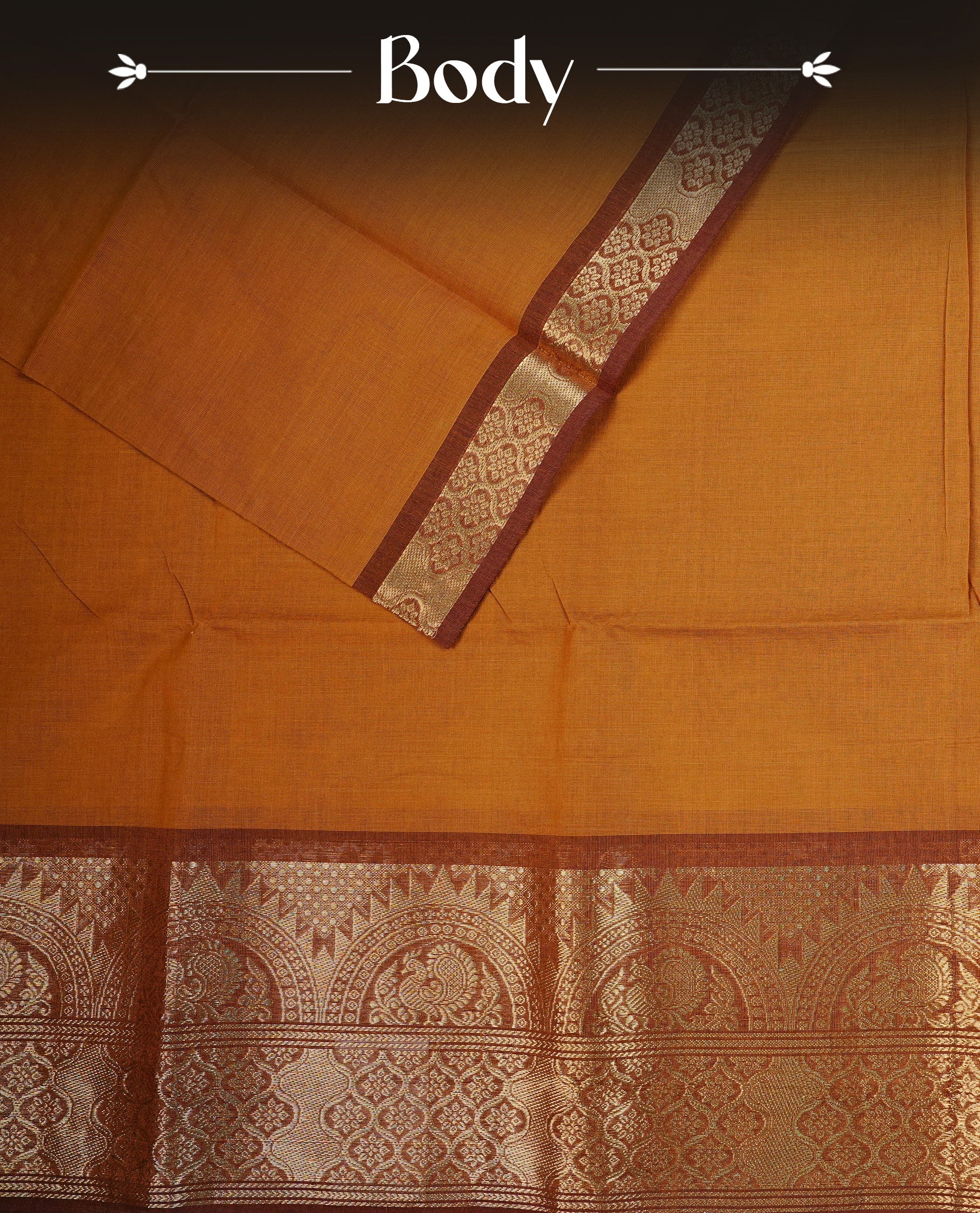 Dark  Mustard colour chettinad cotton saree featuring  Plain body, complemented by  Peacock & Floral  Gold Zari border, paired with matching blouse piece.