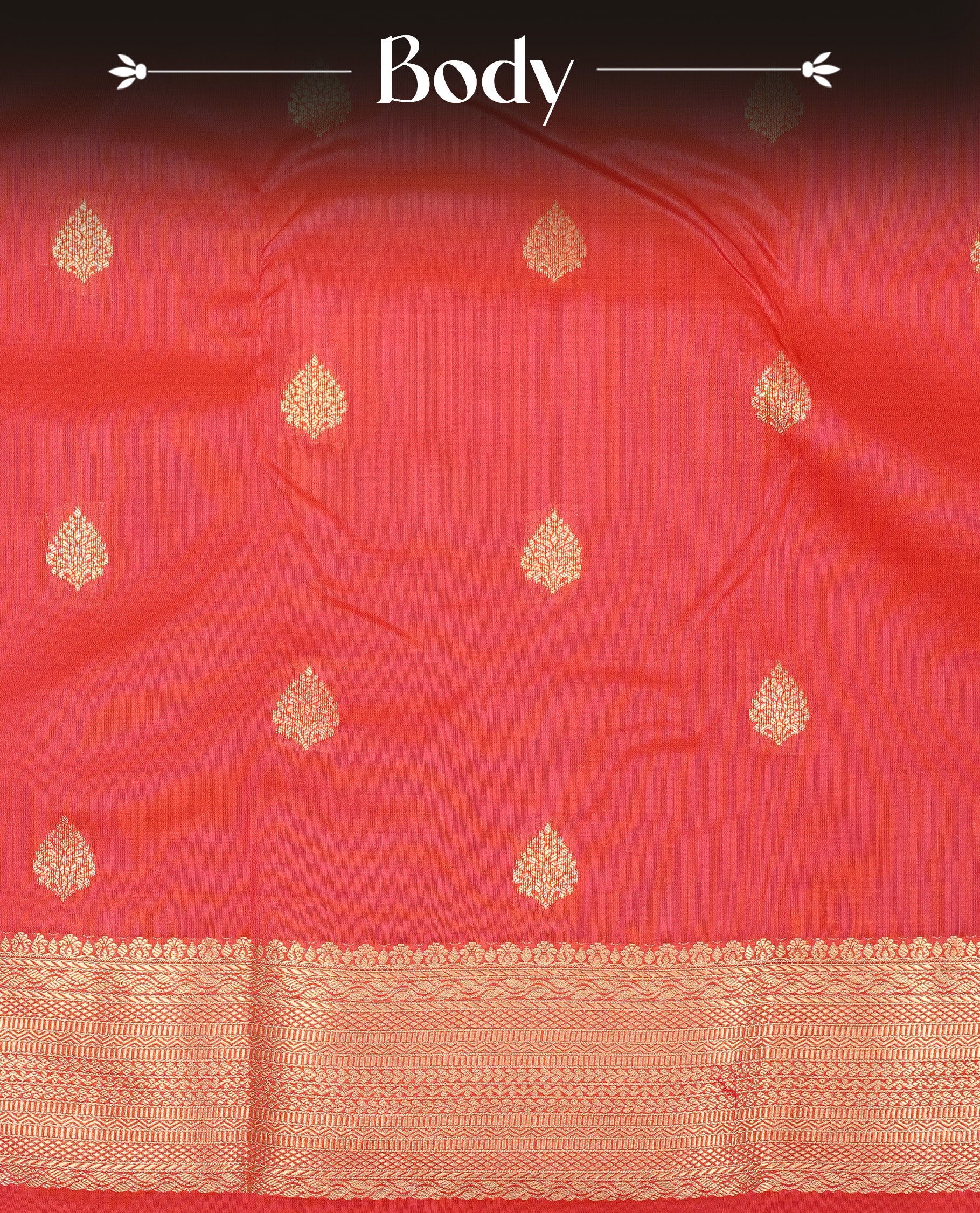 Red Semi Wedding Silk Saree featuring Gold Zari Motifs On body, Complemented with traditional zari with Self colour border, paired with matching blouse piece.
